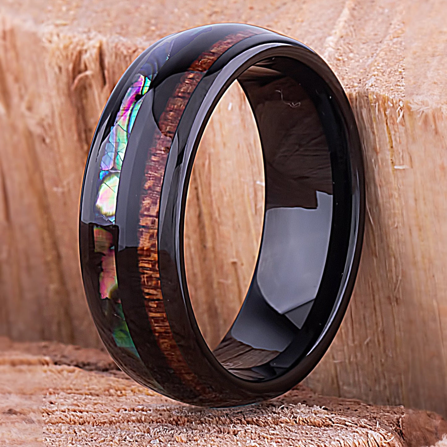 Black Tungsten Band with Koa Wood and Abalone Shell 8mm - TCR111 shell & wood engagement band or wedding ring or promise band