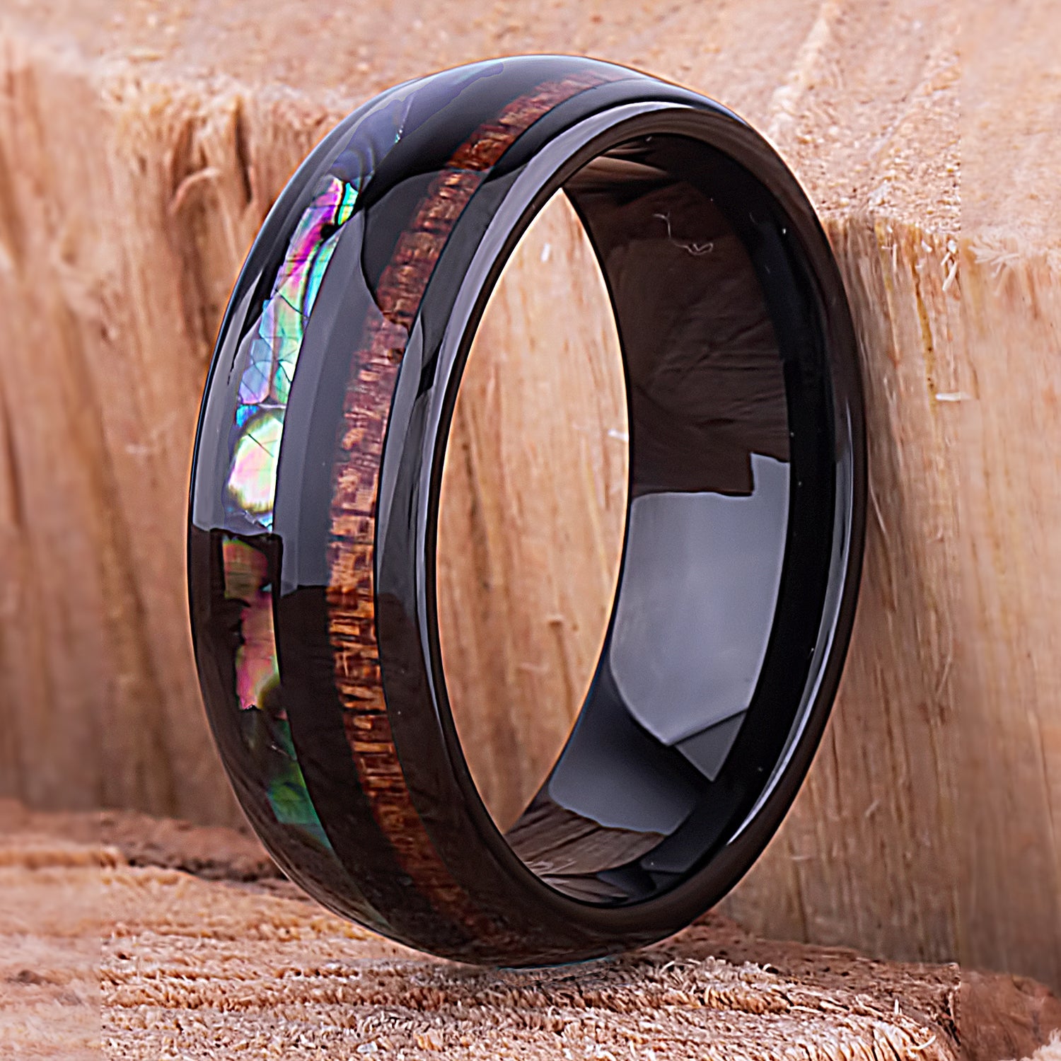 Black Tungsten Band with Koa Wood and Abalone Shell 8mm - TCR111 shell & wood engagement band or wedding ring or promise band