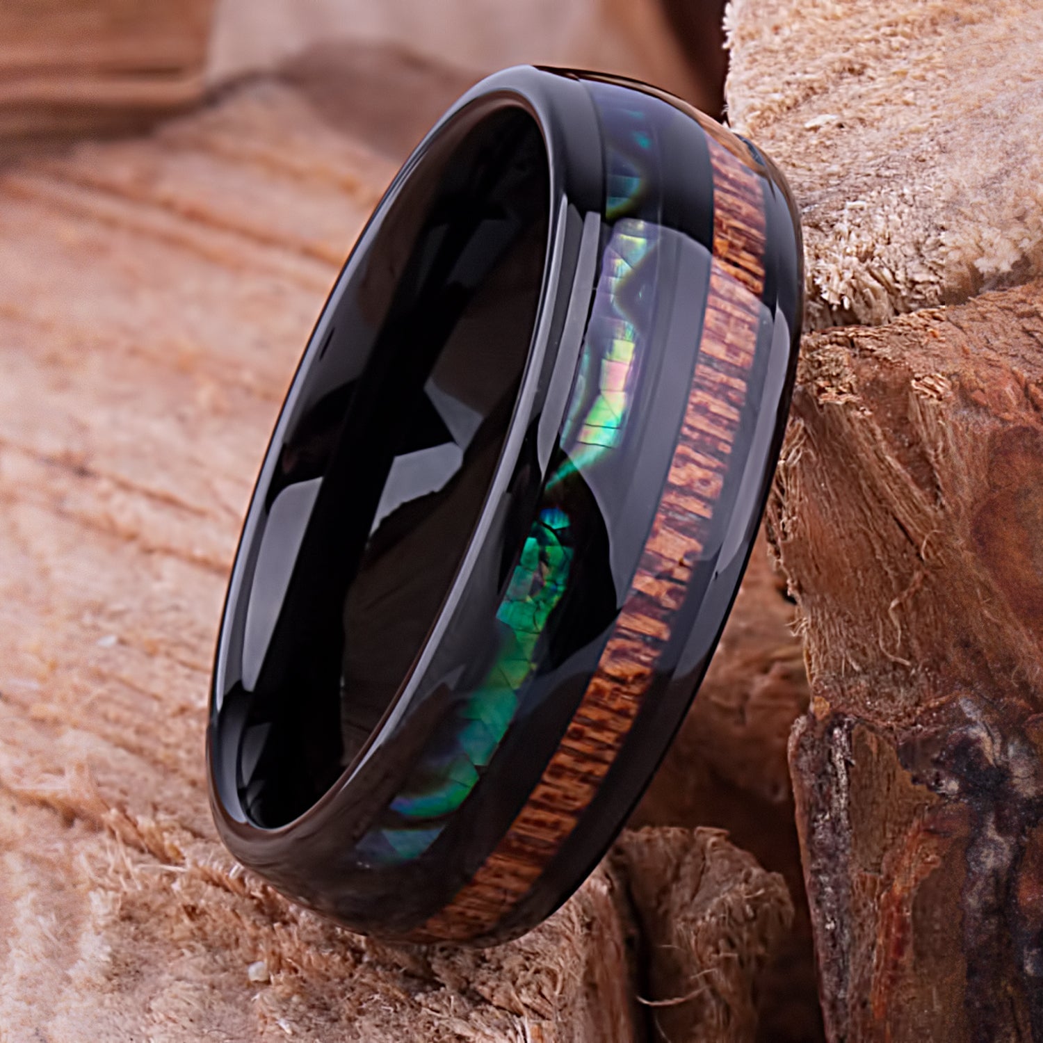 Black Tungsten Band with Koa Wood and Abalone Shell 8mm - TCR111 shell & wood engagement band or wedding ring or promise band
