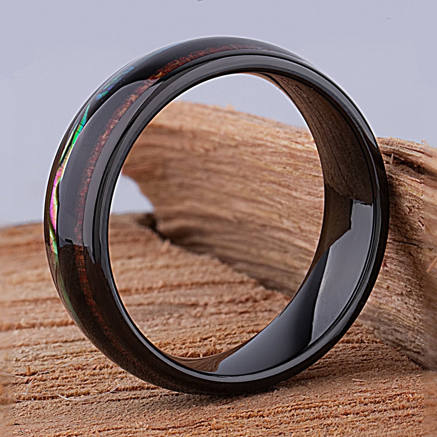 Black Tungsten Band with Koa Wood and Abalone Shell 8mm - TCR111 shell & wood engagement band or wedding ring or promise band