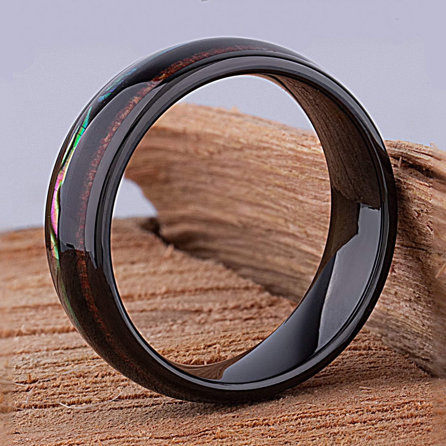 Black Tungsten Band with Koa Wood and Abalone Shell 8mm - TCR111 shell & wood engagement band or wedding ring or promise band