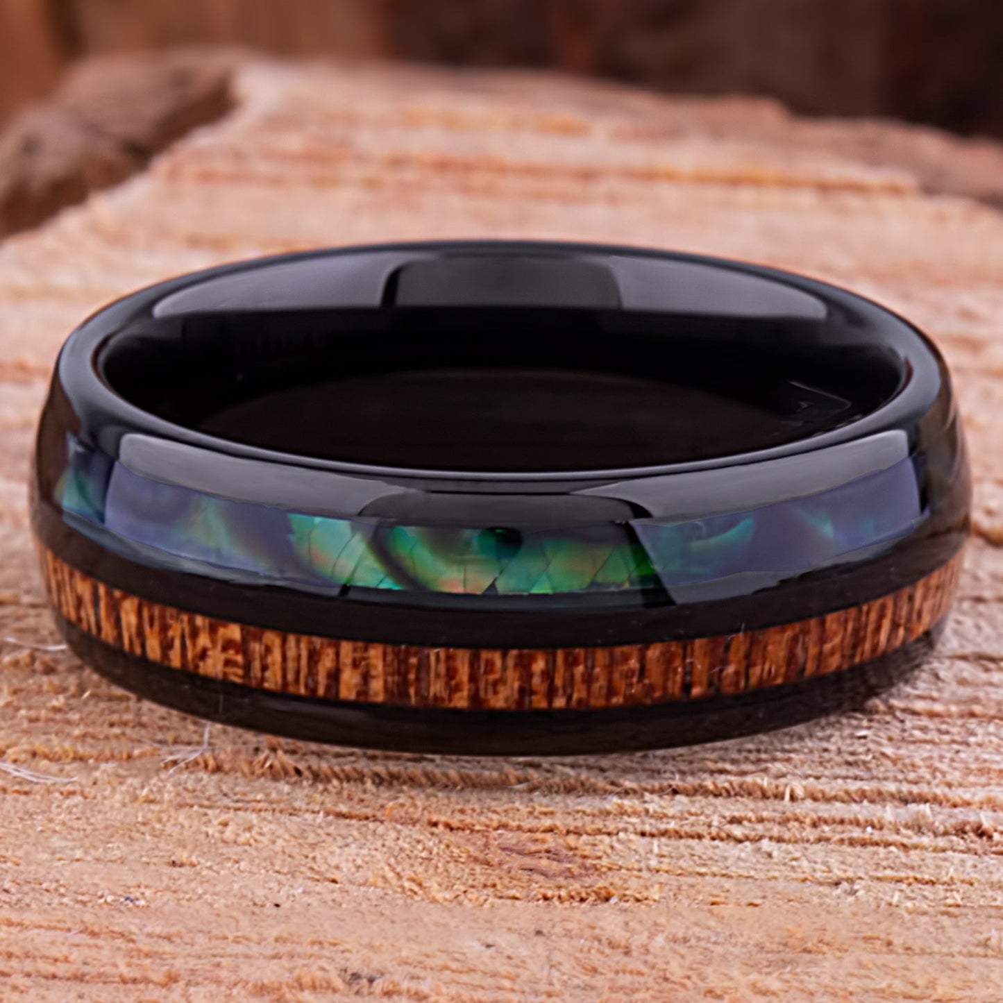 Black Tungsten Band with Koa Wood and Abalone Shell 8mm - TCR111 shell & wood engagement band or wedding ring or promise band