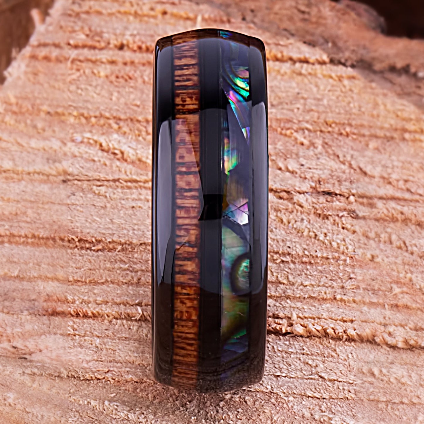 Black Tungsten Band with Koa Wood and Abalone Shell 8mm - TCR111 shell & wood engagement band or wedding ring or promise band
