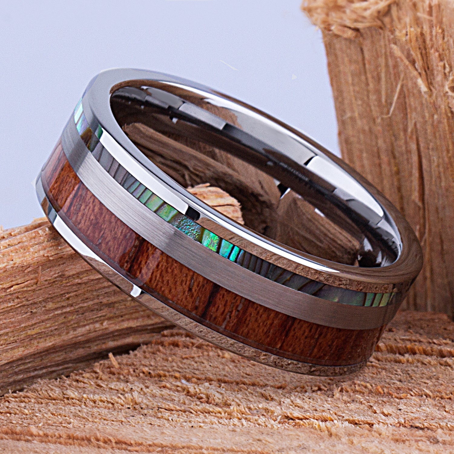 Tungsten Ring with Koa Wood and Abalone Shell 8mm - TCR119 wood & shell engagement band or wedding ring or promise band