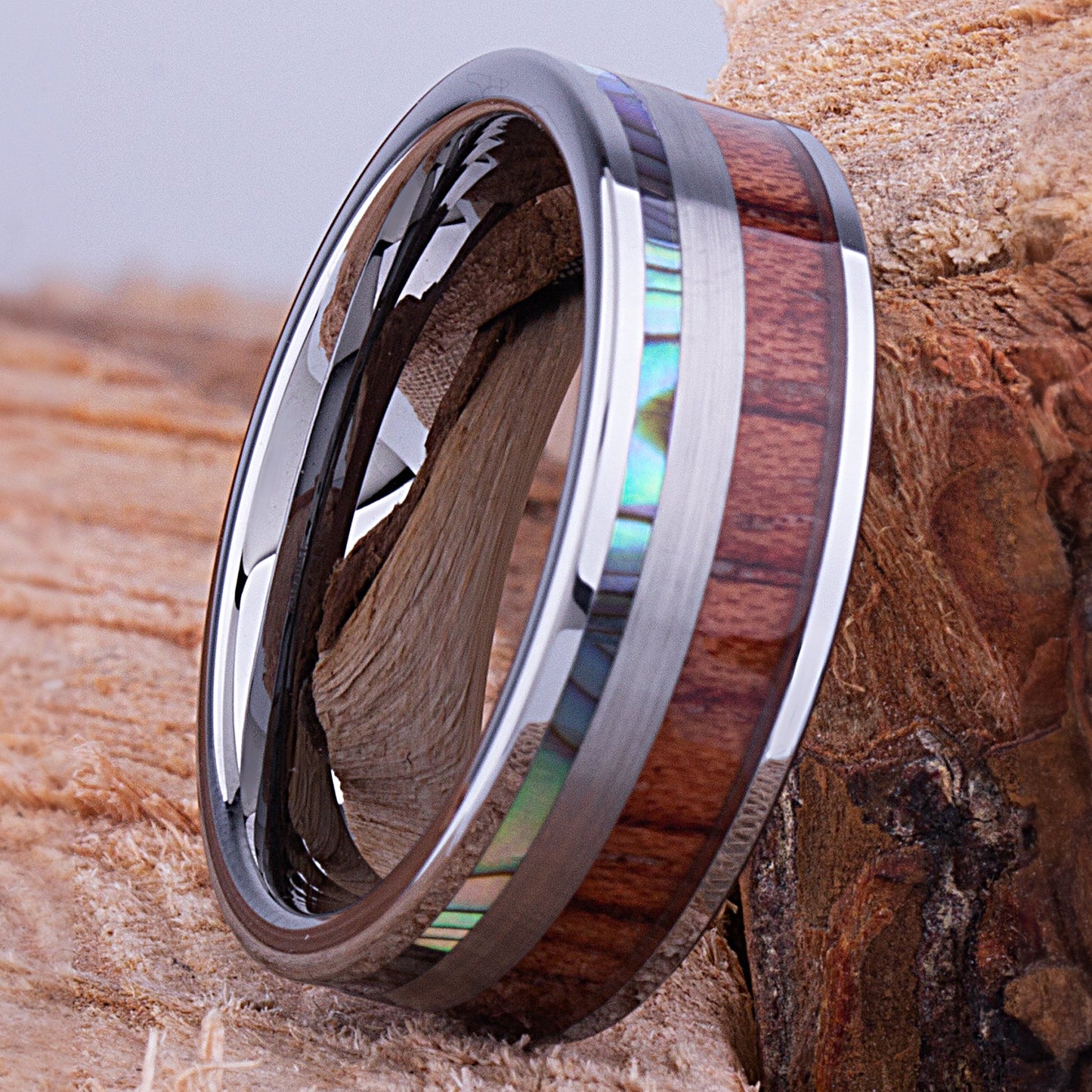 Tungsten Ring with Koa Wood and Abalone Shell 8mm - TCR119 wood & shell engagement band or wedding ring or promise band