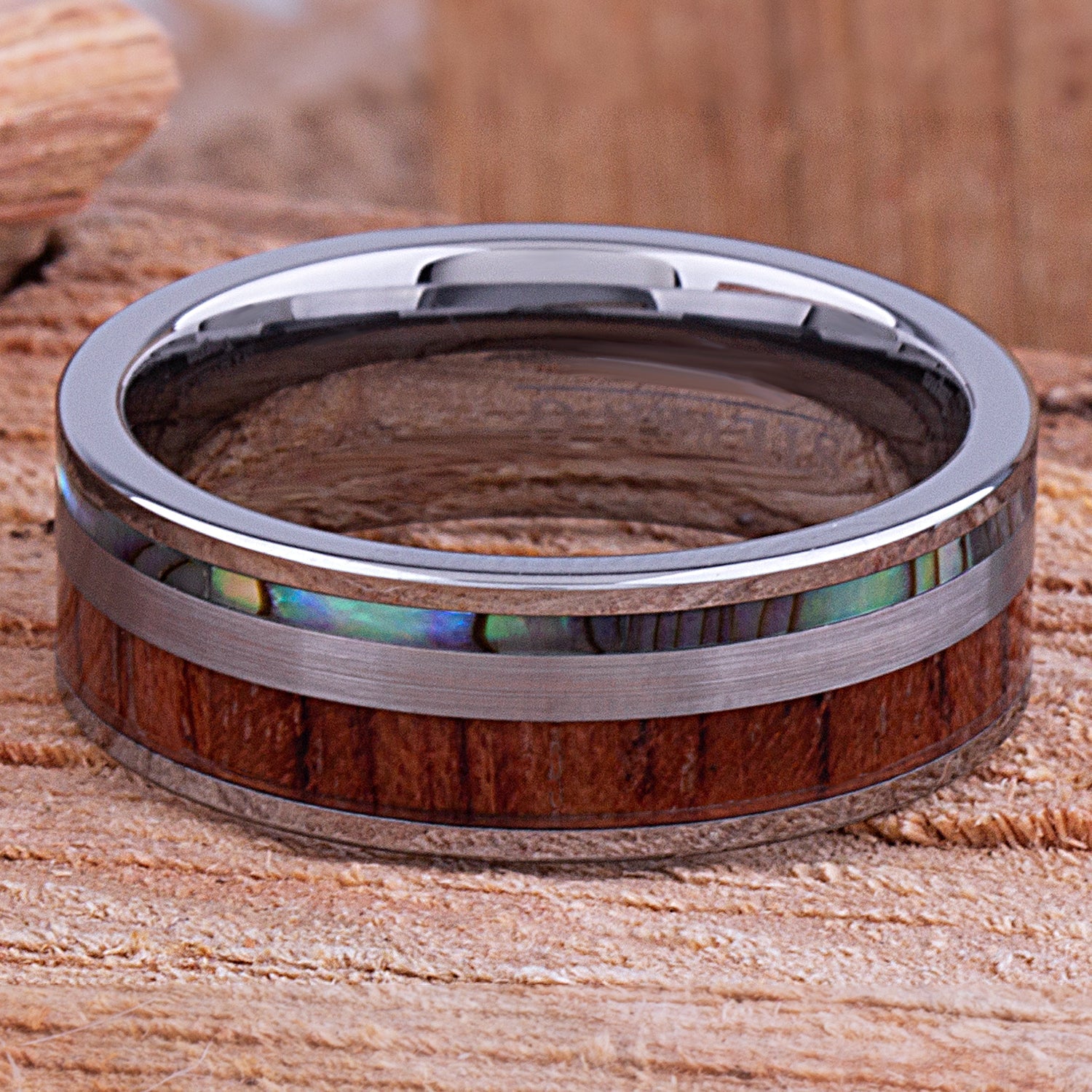 Tungsten Ring with Koa Wood and Abalone Shell 8mm - TCR119 wood & shell engagement band or wedding ring or promise band