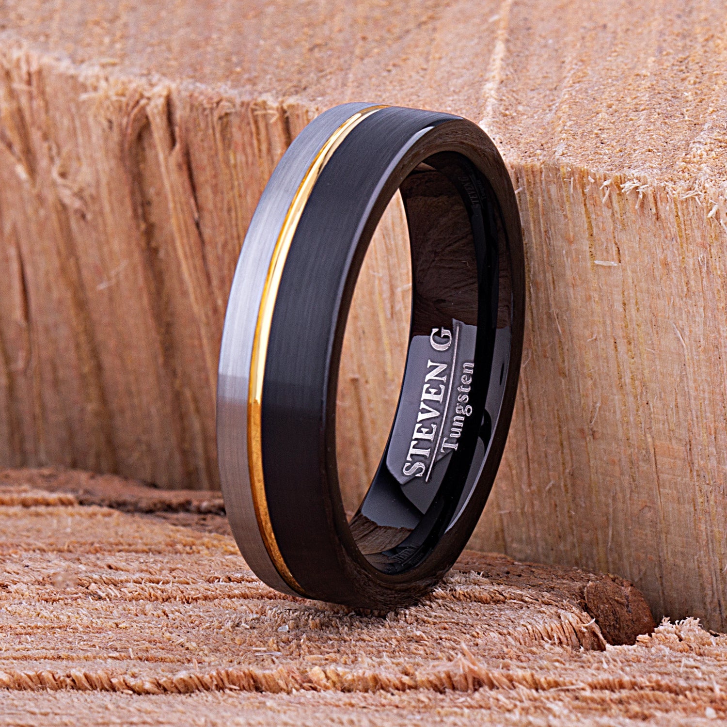 Tungsten Ring Black & Yellow Gold 6mm - TCR120 black & yellow gold engagement band or wedding ring or promise band