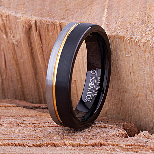 Tungsten Ring Black & Yellow Gold 6mm - TCR120 black & yellow gold engagement band or wedding ring or promise band