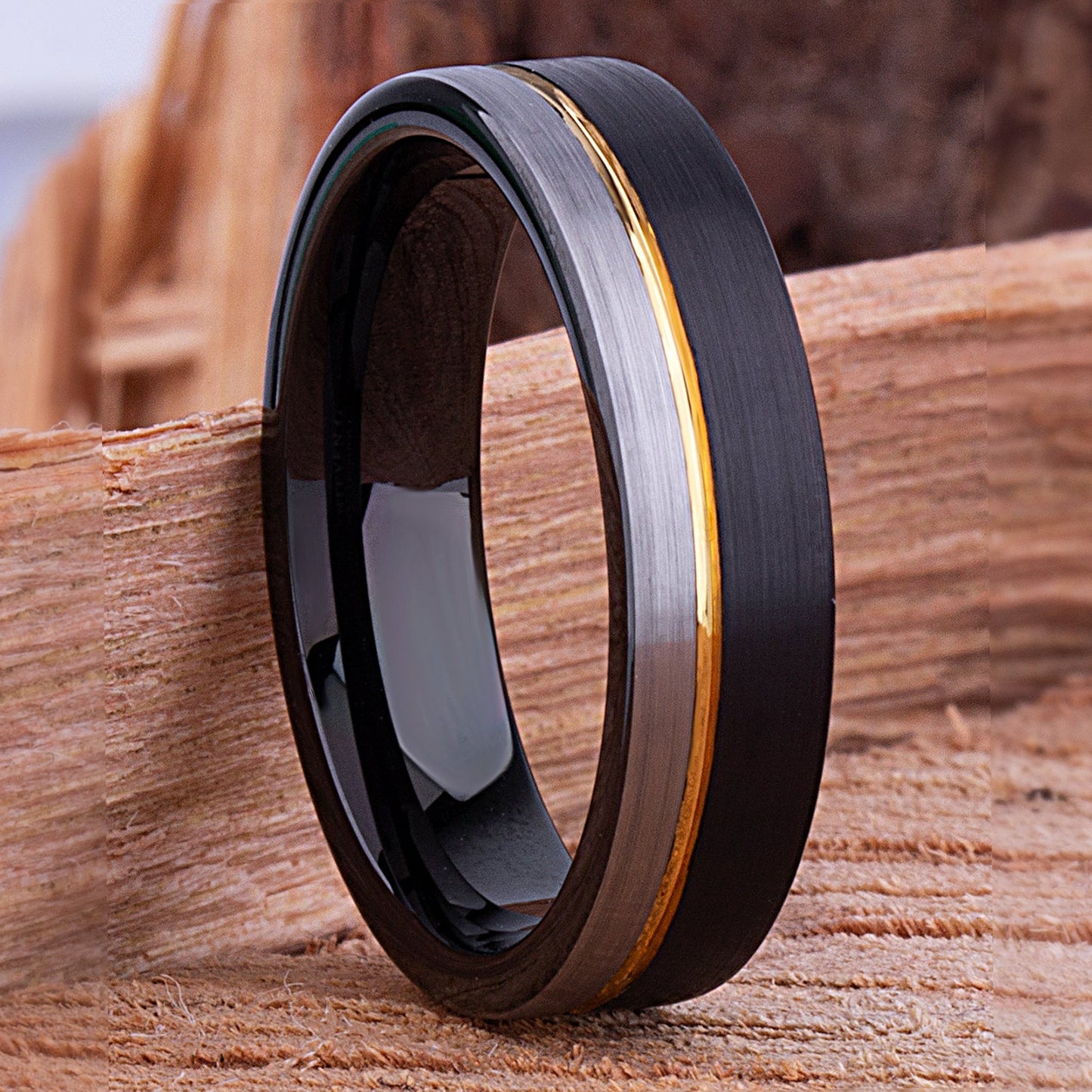 Tungsten Ring Black & Yellow Gold 6mm - TCR120 black & yellow gold engagement band or wedding ring or promise band