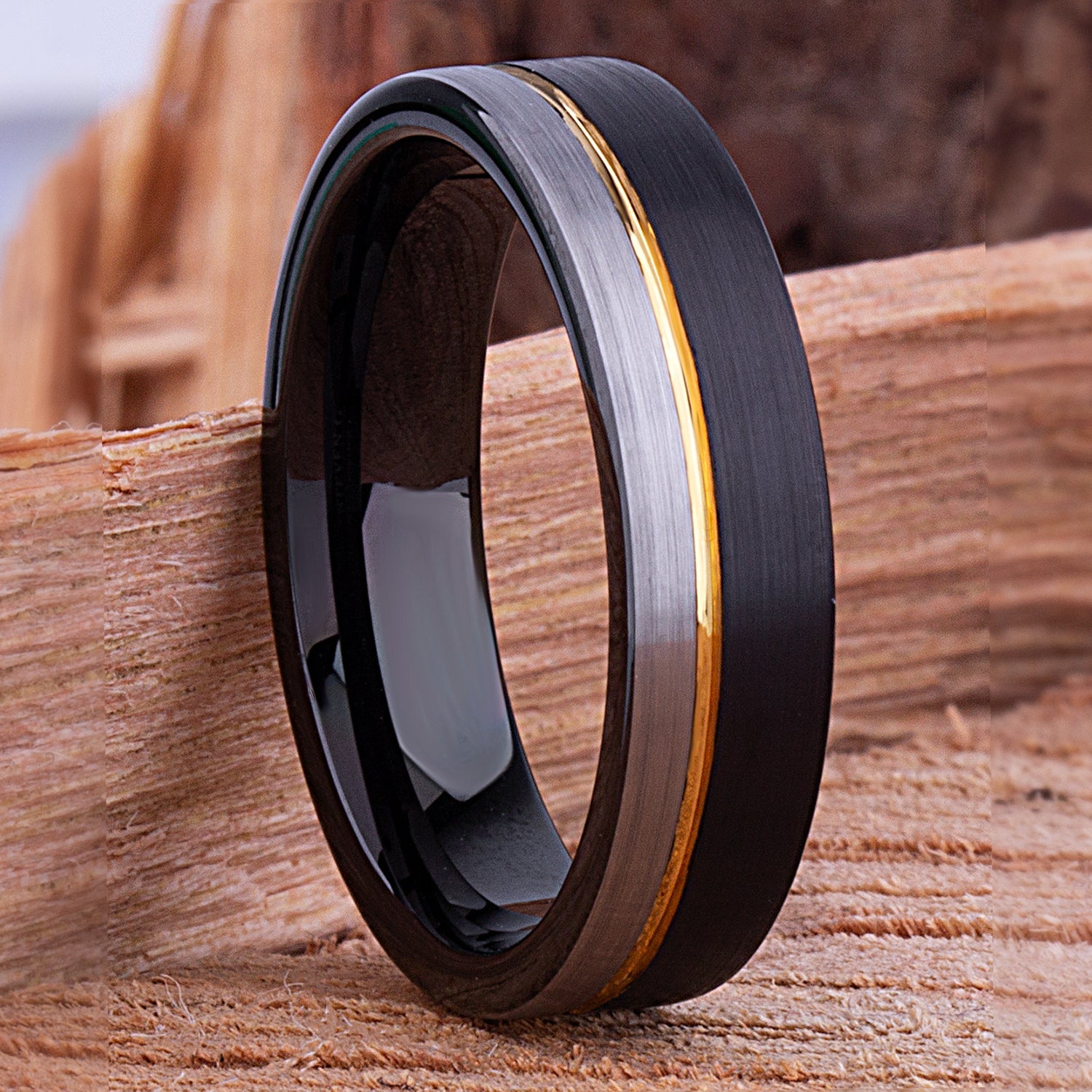 Tungsten Ring Black & Yellow Gold 6mm - TCR120 black & yellow gold engagement band or wedding ring or promise band