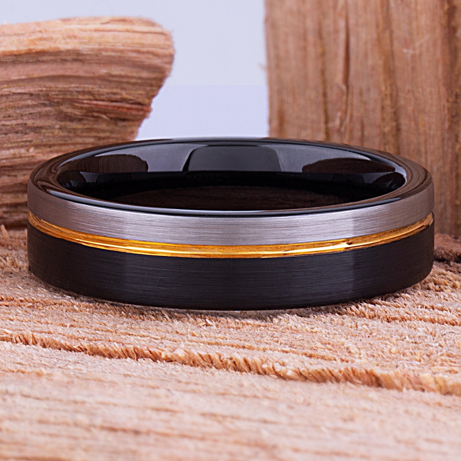 Tungsten Ring Black & Yellow Gold 6mm - TCR120 black & yellow gold engagement band or wedding ring or promise band