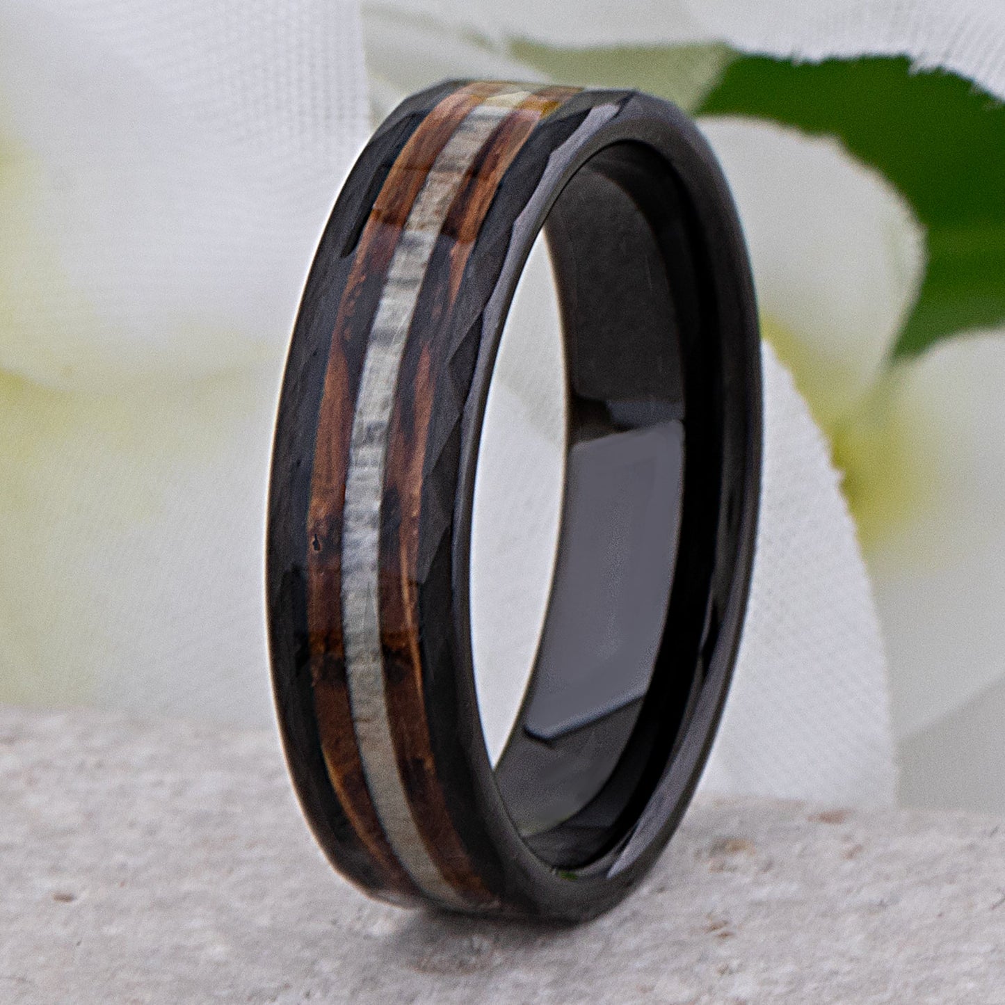 Black Tungsten Ring with Charred Whiskey Barrel Wood and Deer Antler Inlay - 6mm Width