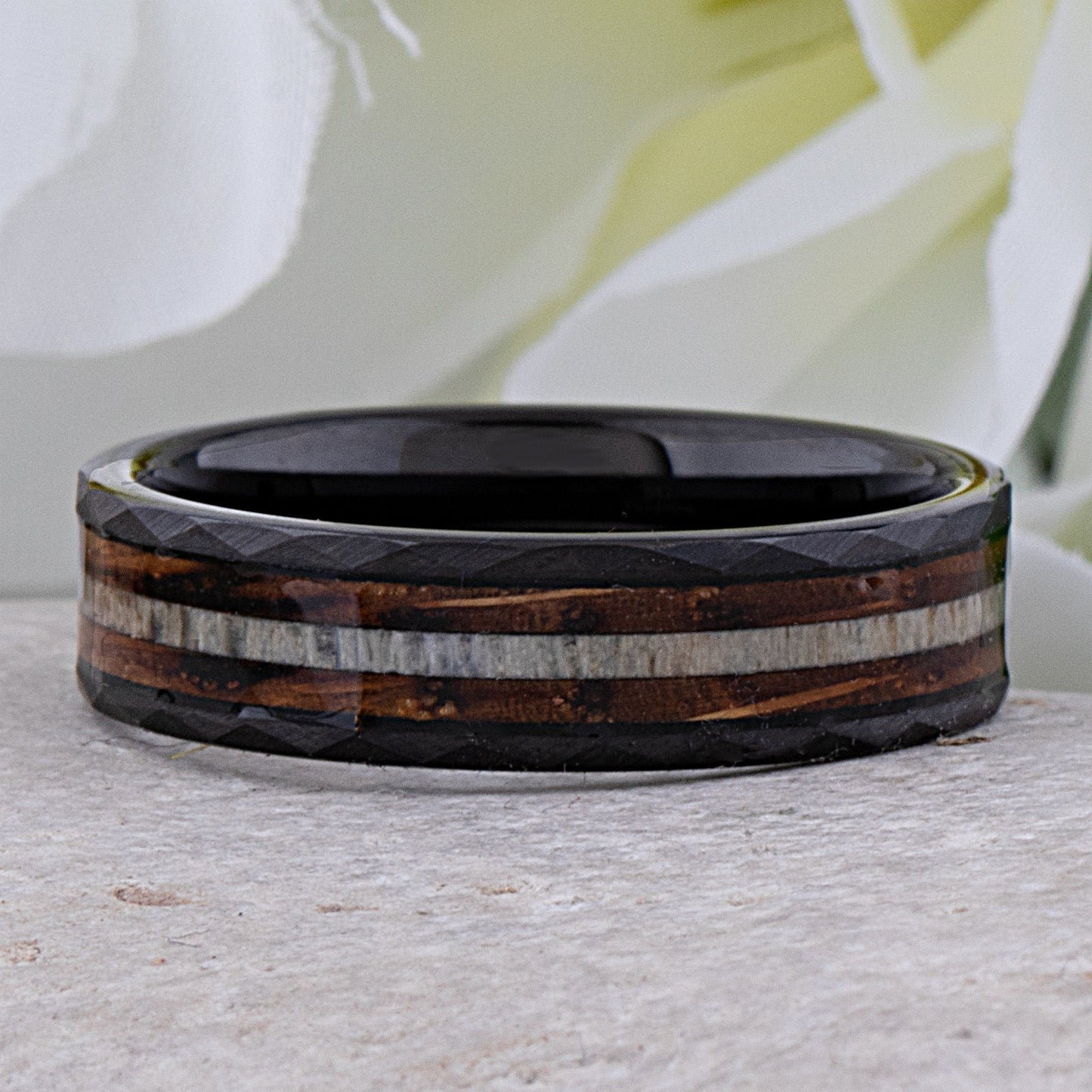 Black Tungsten Ring with Charred Whiskey Barrel Wood and Deer Antler Inlay - 6mm Width