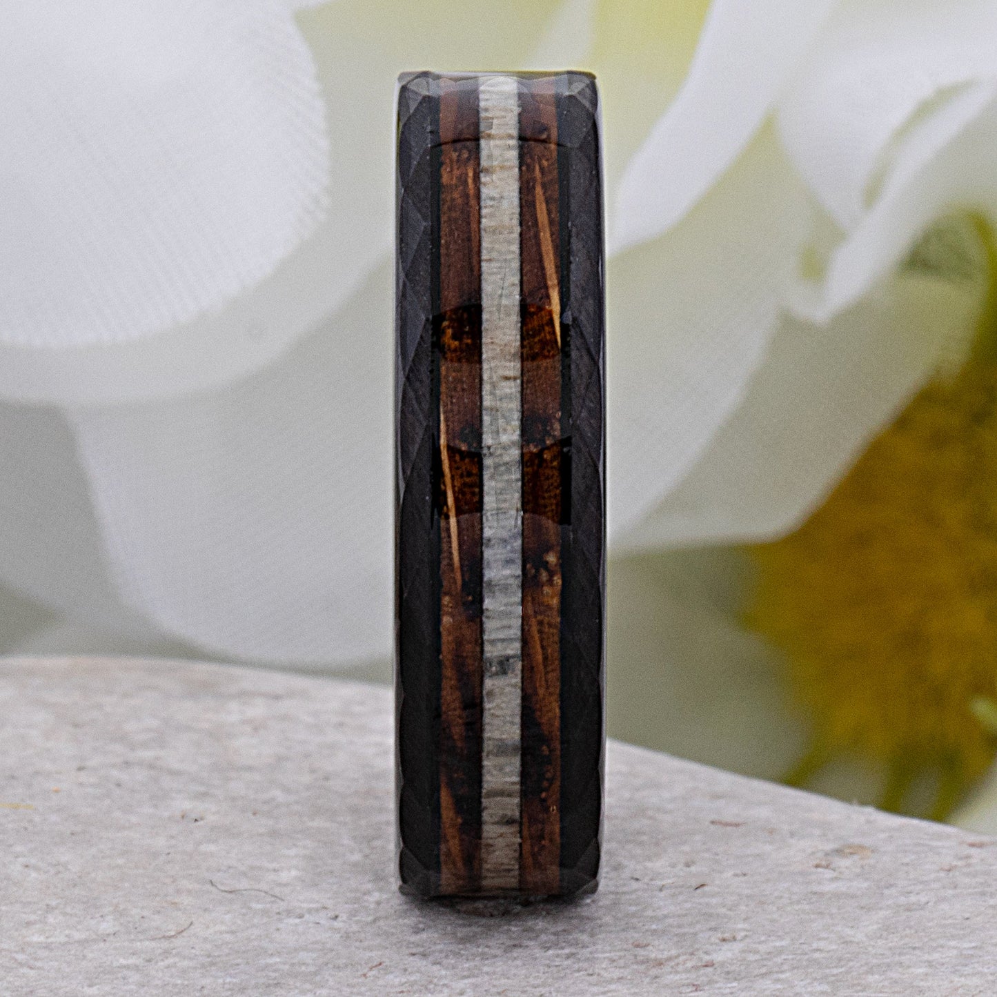 Black Tungsten Ring with Charred Whiskey Barrel Wood and Deer Antler Inlay - 6mm Width