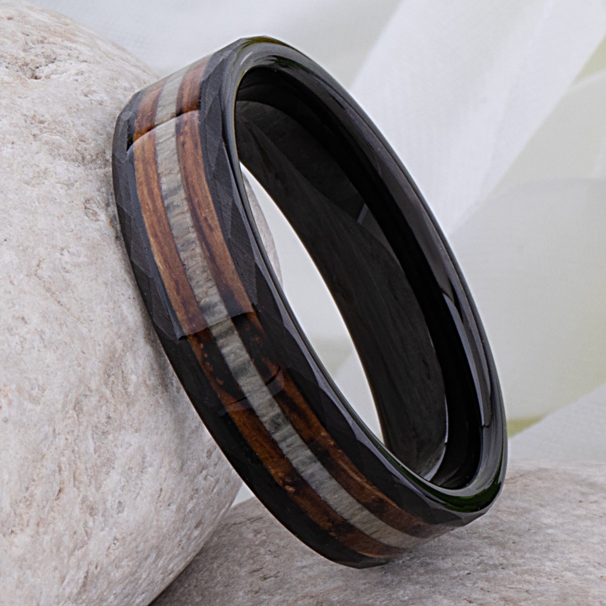 Black Tungsten Ring with Charred Whiskey Barrel Wood and Deer Antler Inlay - 6mm Width