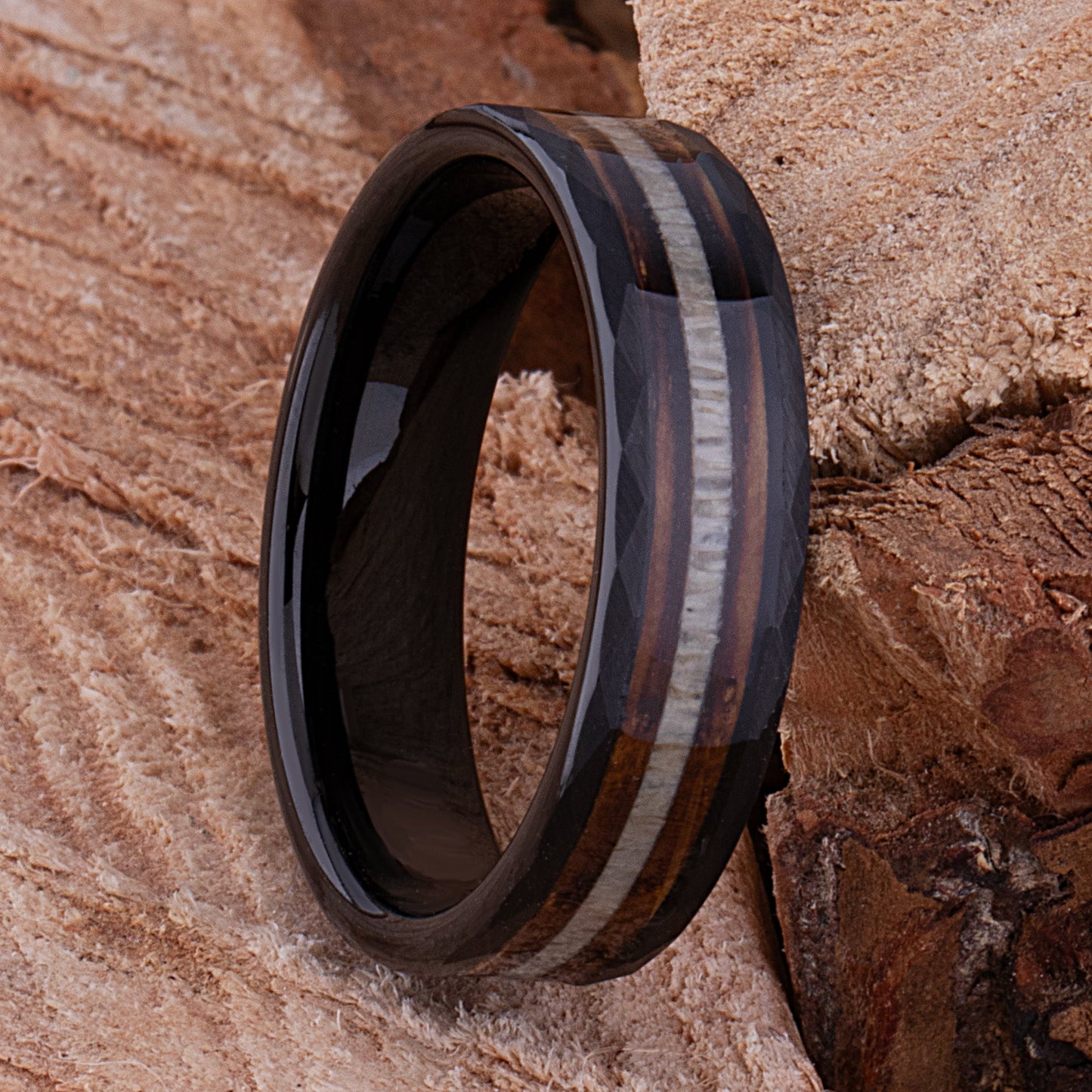 Black Tungsten Ring with Charred Whiskey Barrel Wood and Deer Antler Inlay - 6mm Width