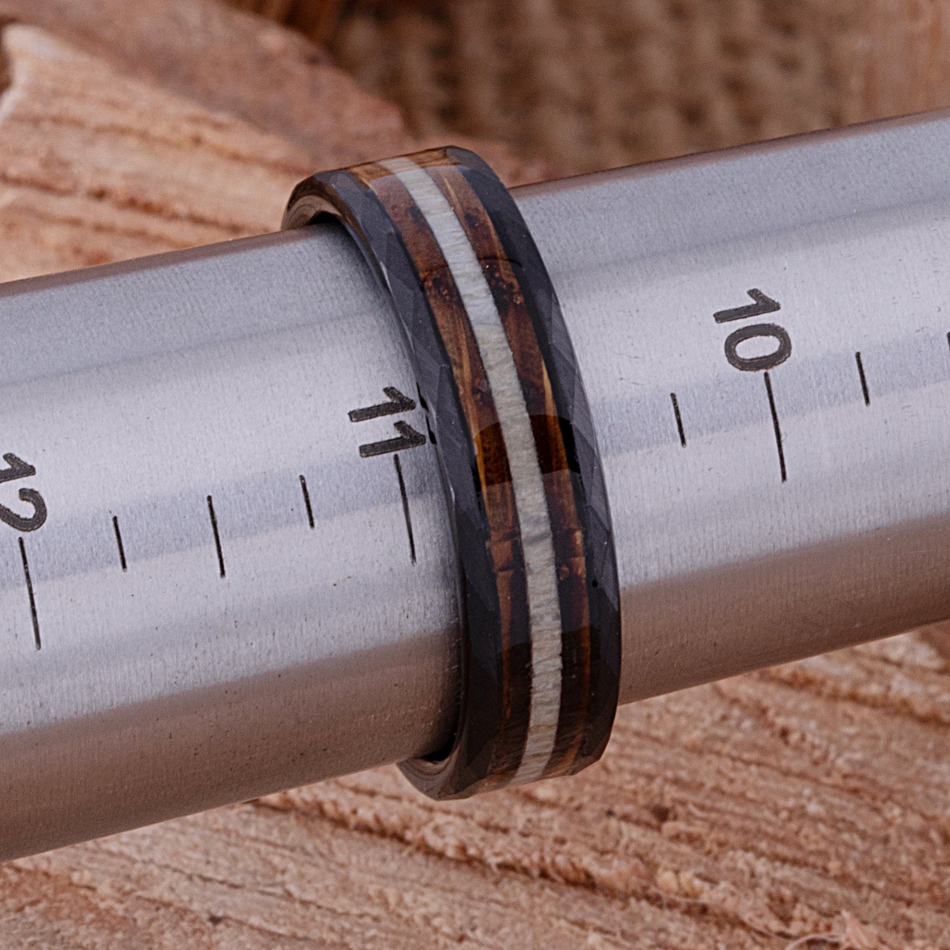 Black Tungsten Ring with Charred Whiskey Barrel Wood and Deer Antler Inlay - 6mm Width