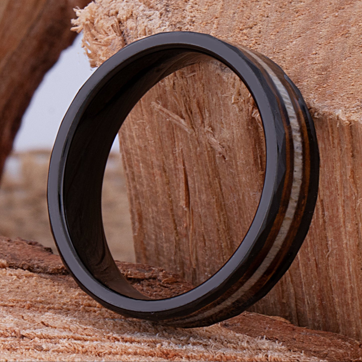 Black Tungsten Ring with Charred Whiskey Barrel Wood and Deer Antler Inlay - 6mm Width