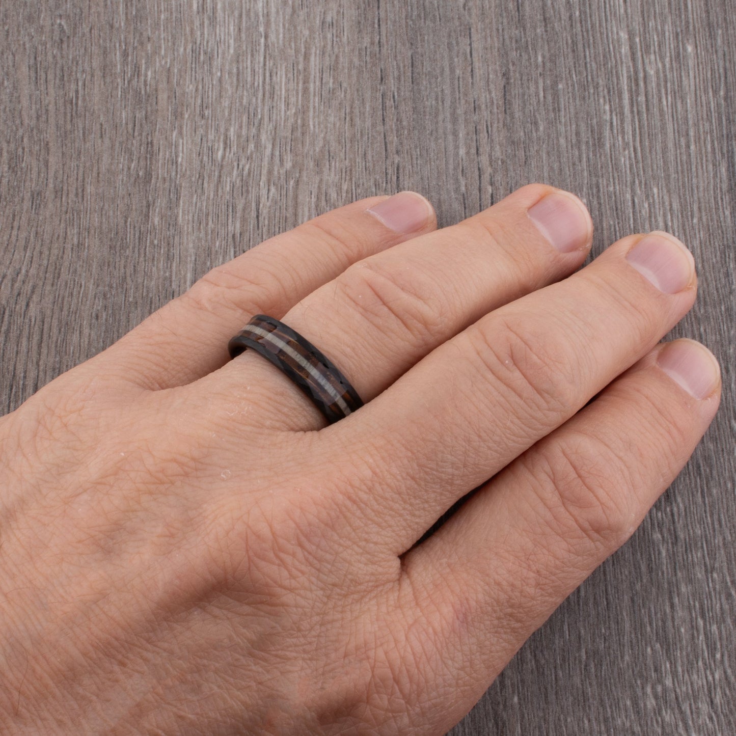 Black Tungsten Ring with Charred Whiskey Barrel Wood and Deer Antler Inlay - 6mm Width