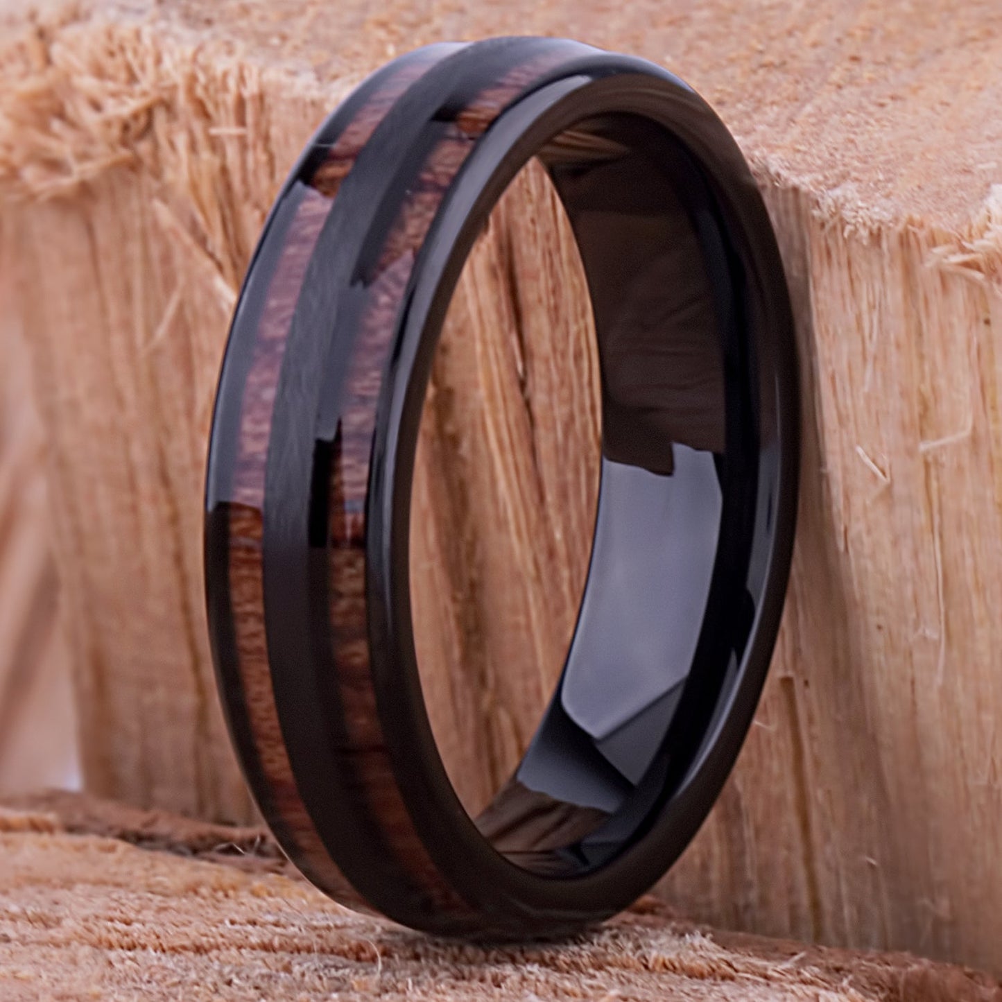Black Tungsten Wedding Band or Engagement Ring 6mm Wide with Natural Hawaiian Koa Wood Inlay