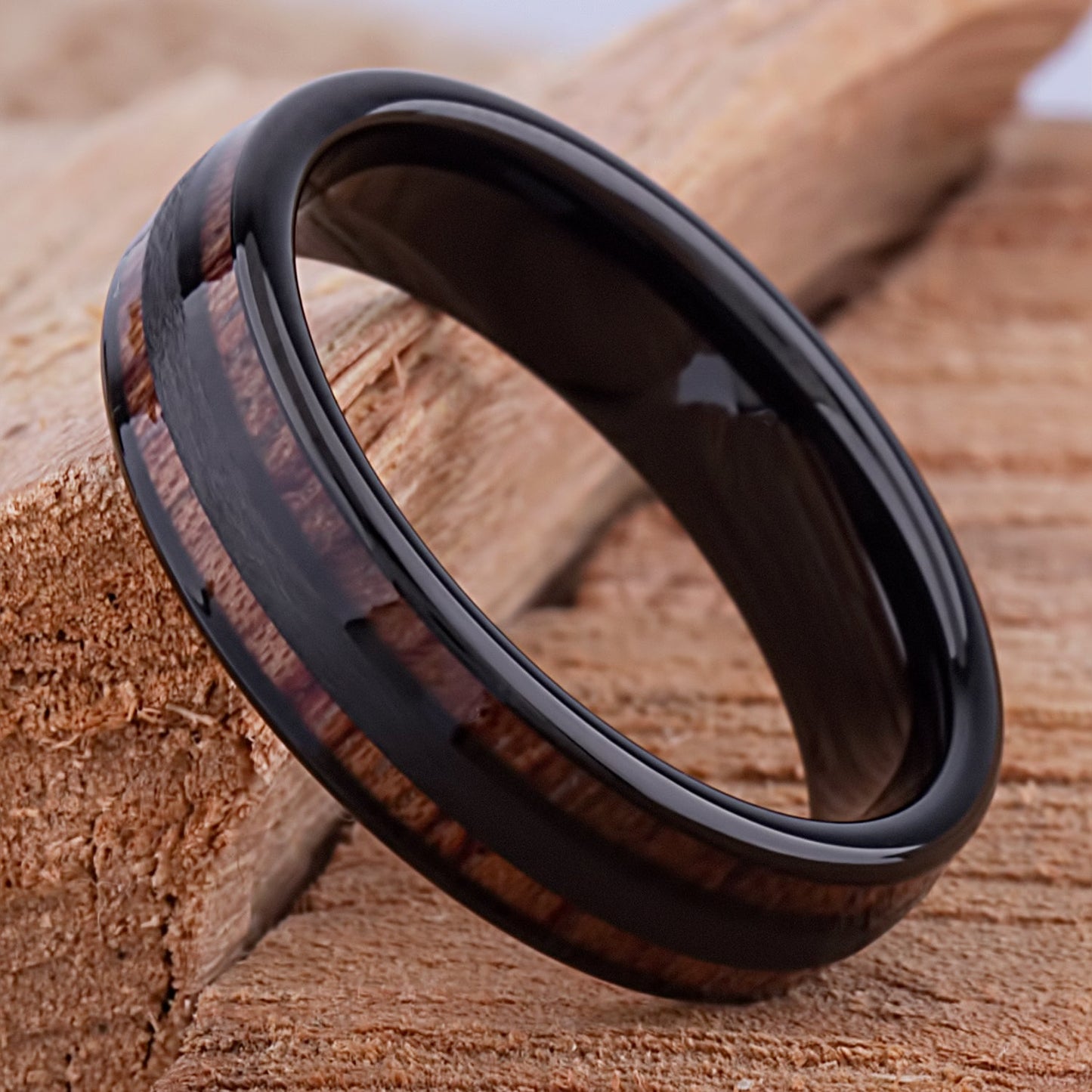 Black Tungsten Wedding Band or Engagement Ring 6mm Wide with Natural Hawaiian Koa Wood Inlay