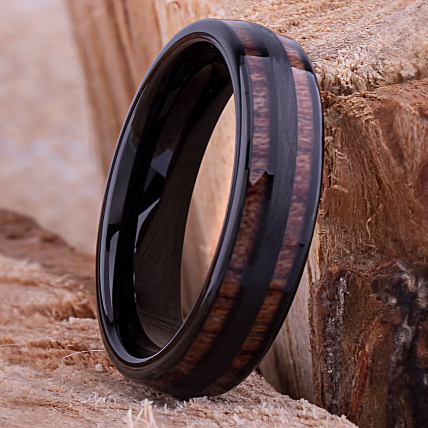 Black Tungsten Wedding Band or Engagement Ring 6mm Wide with Natural Hawaiian Koa Wood Inlay