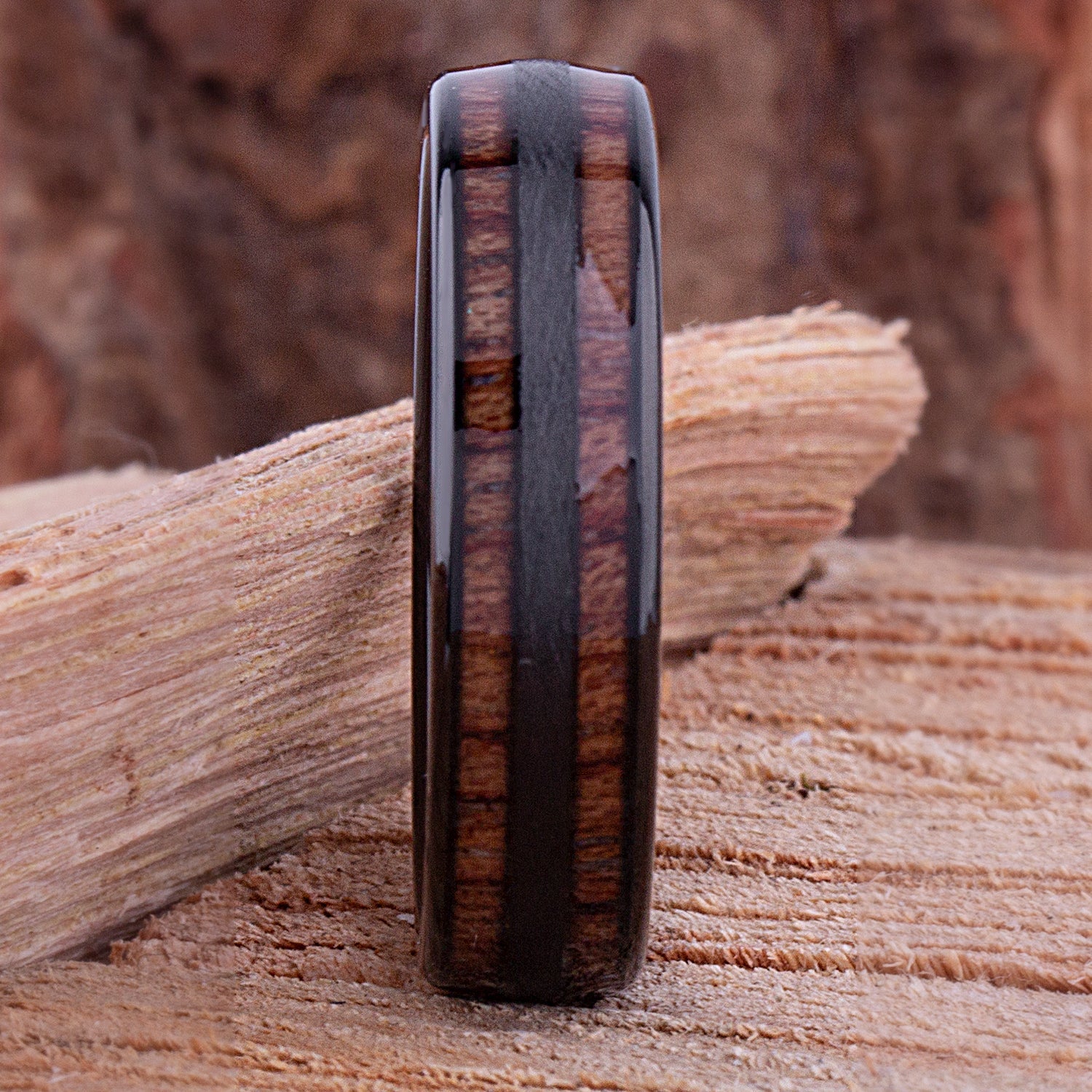 Black Tungsten Wedding Band or Engagement Ring 6mm Wide with Natural Hawaiian Koa Wood Inlay