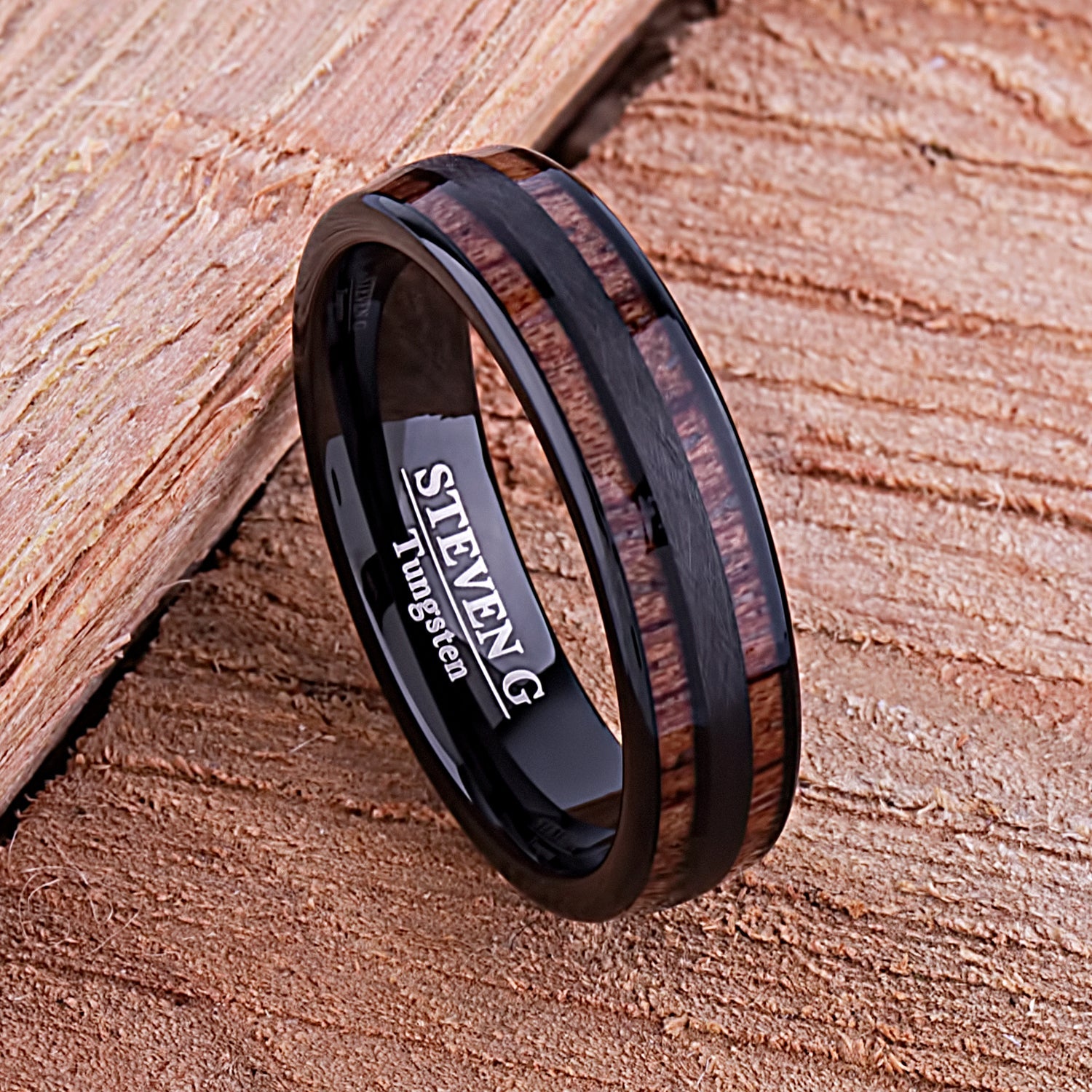 Black Tungsten Wedding Band or Engagement Ring 6mm Wide with Natural Hawaiian Koa Wood Inlay