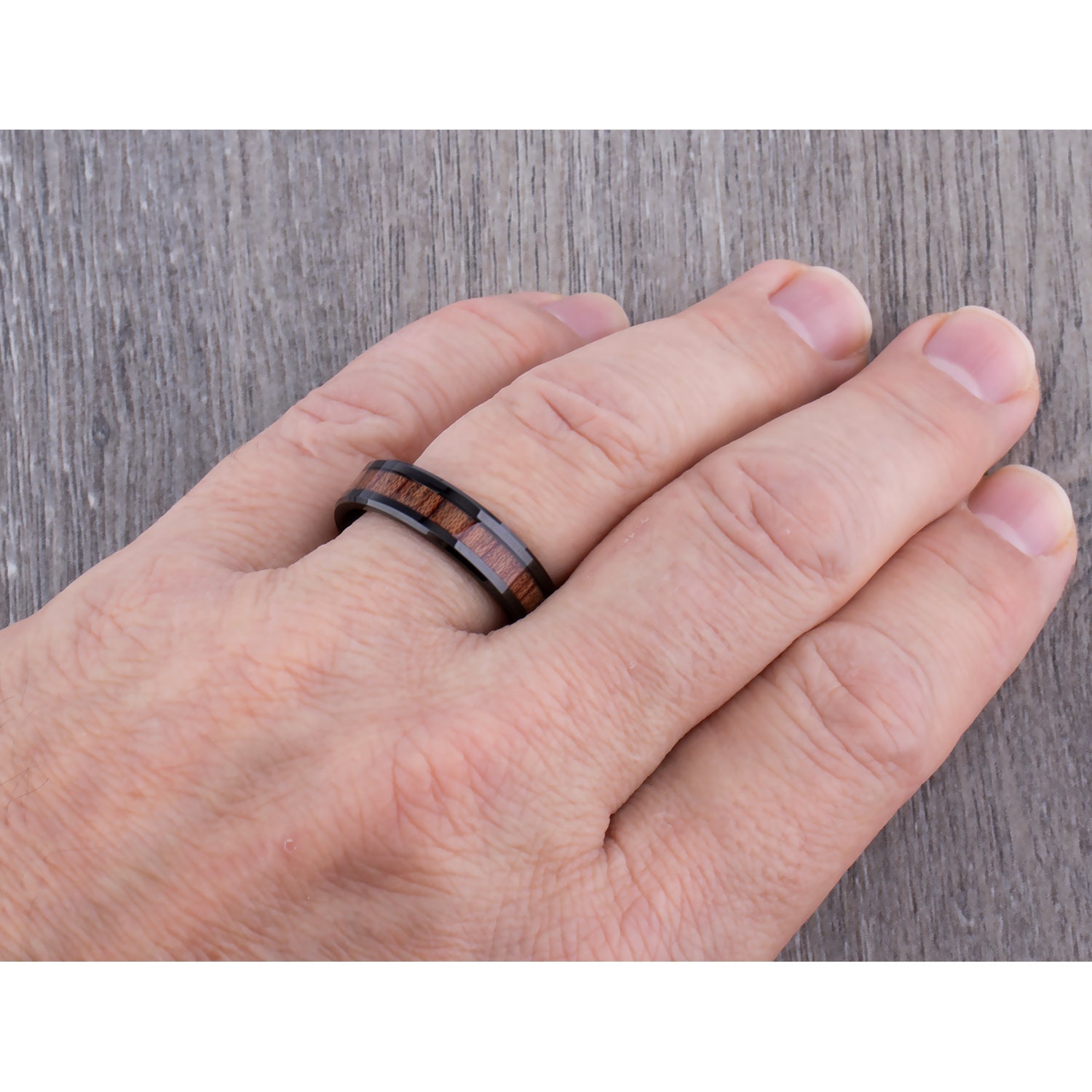 Black Tungsten Wedding Band or Engagement Ring 6mm Wide with Natural Padauk Wood Inlay