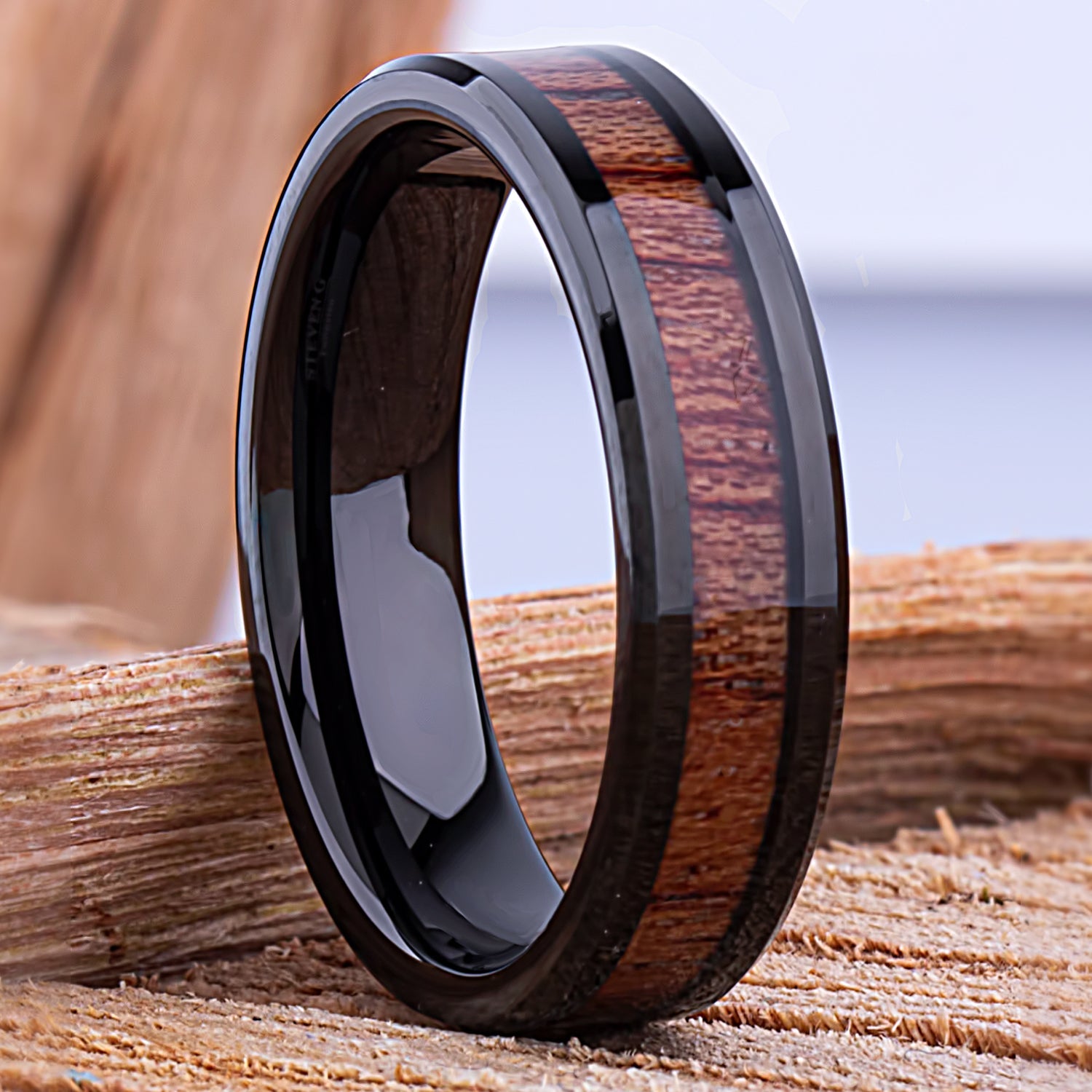 Black Tungsten Wedding Band or Engagement Ring 6mm Wide with Natural Padauk Wood Inlay