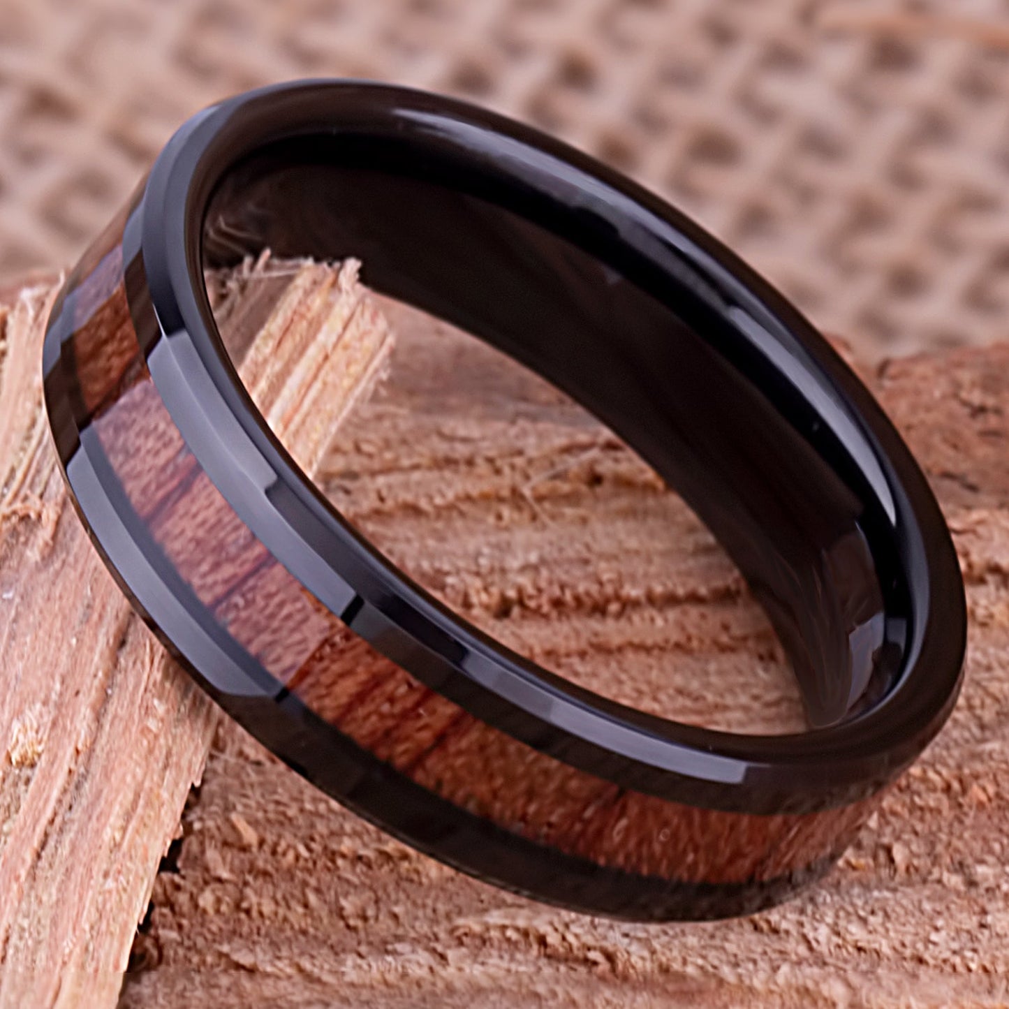 Black Tungsten Wedding Band or Engagement Ring 6mm Wide with Natural Padauk Wood Inlay