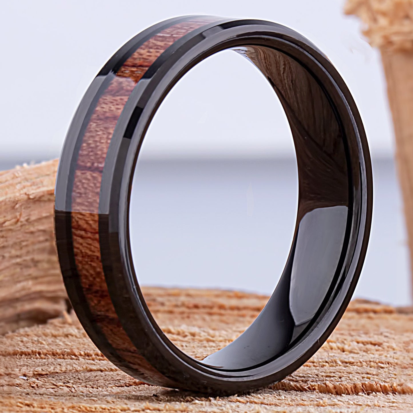 Black Tungsten Wedding Band or Engagement Ring 6mm Wide with Natural Padauk Wood Inlay