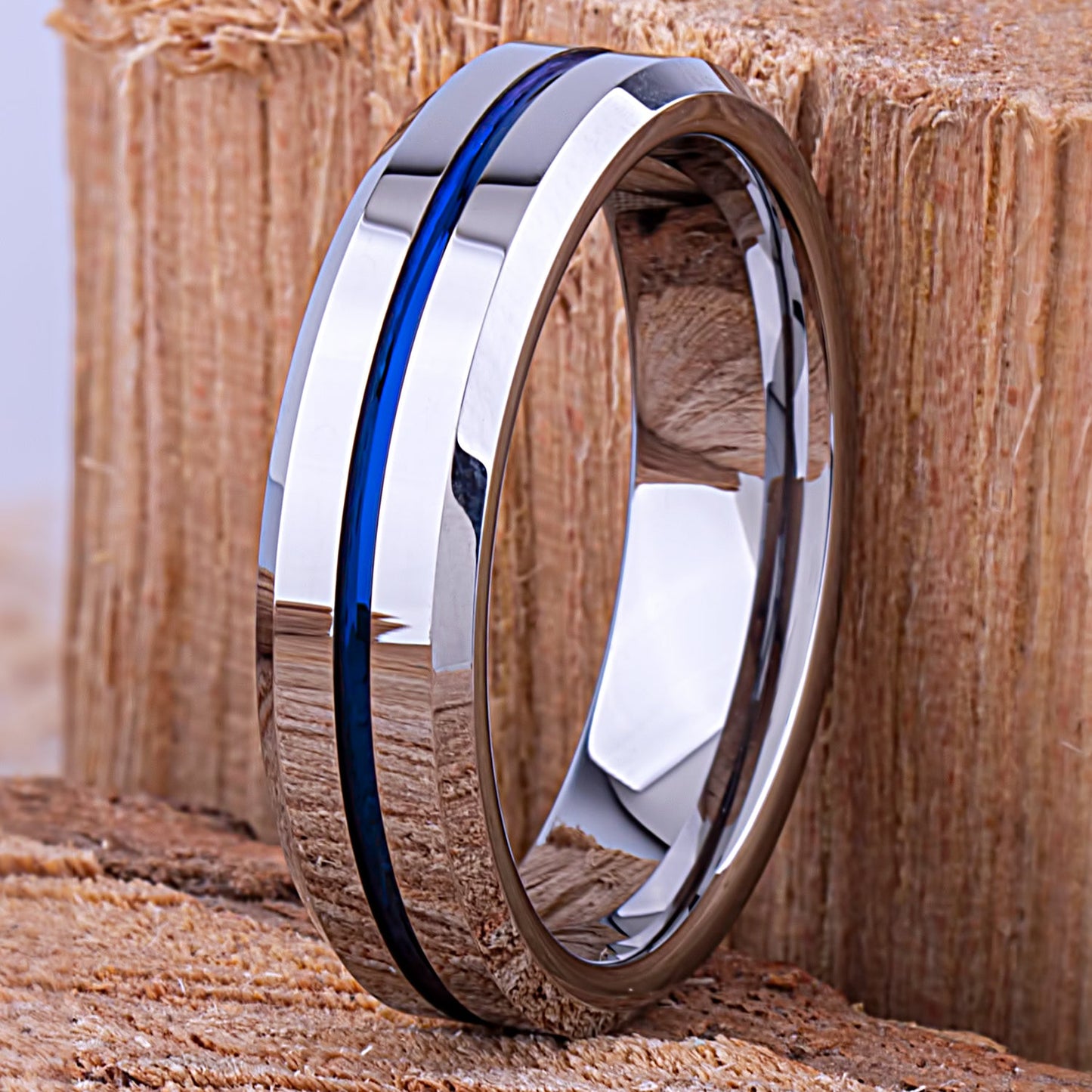 Tungsten Ring with Blue Center Channel 6mm - TCR140 blue men’s engagement or wedding ring or anniversary band for husband