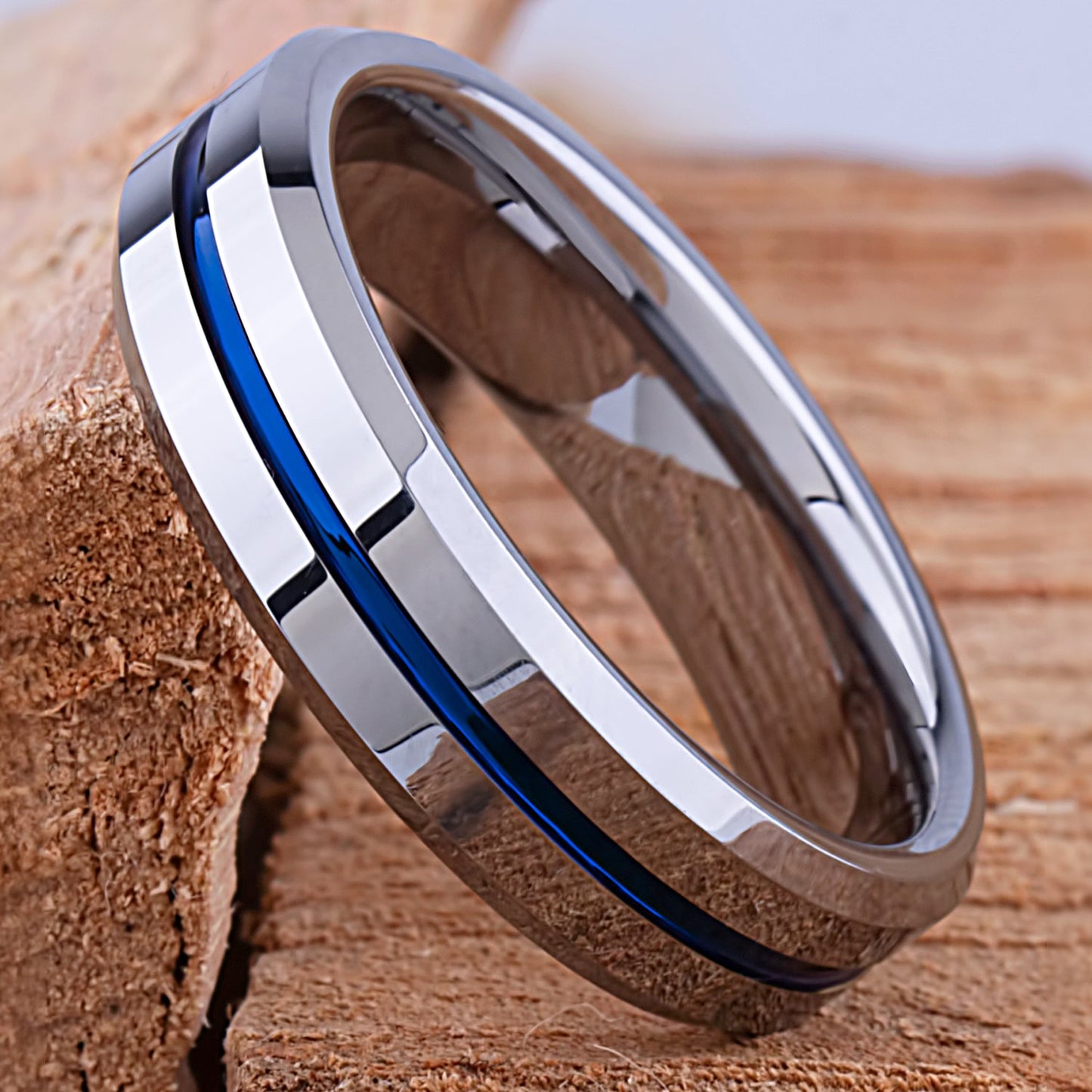 Tungsten Ring with Blue Center Channel 6mm - TCR140 blue men’s engagement or wedding ring or anniversary band for husband