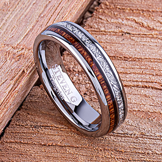 Tungsten with Sapele Wood and Man Made Meteorite 6mm - TCR146 wood & meteorite men’s wedding or engagement band or promise ring