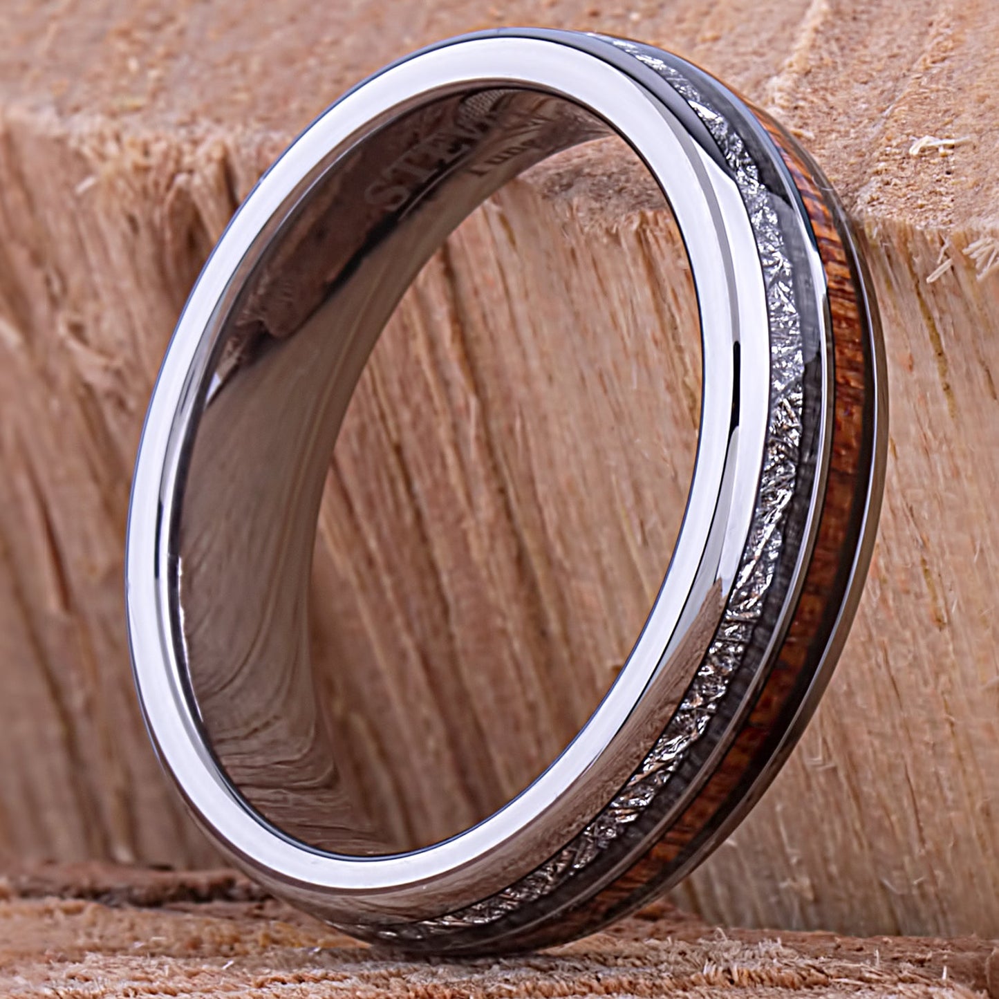 Tungsten with Sapele Wood and Man Made Meteorite 6mm - TCR146 wood & meteorite men’s wedding or engagement band or promise ring