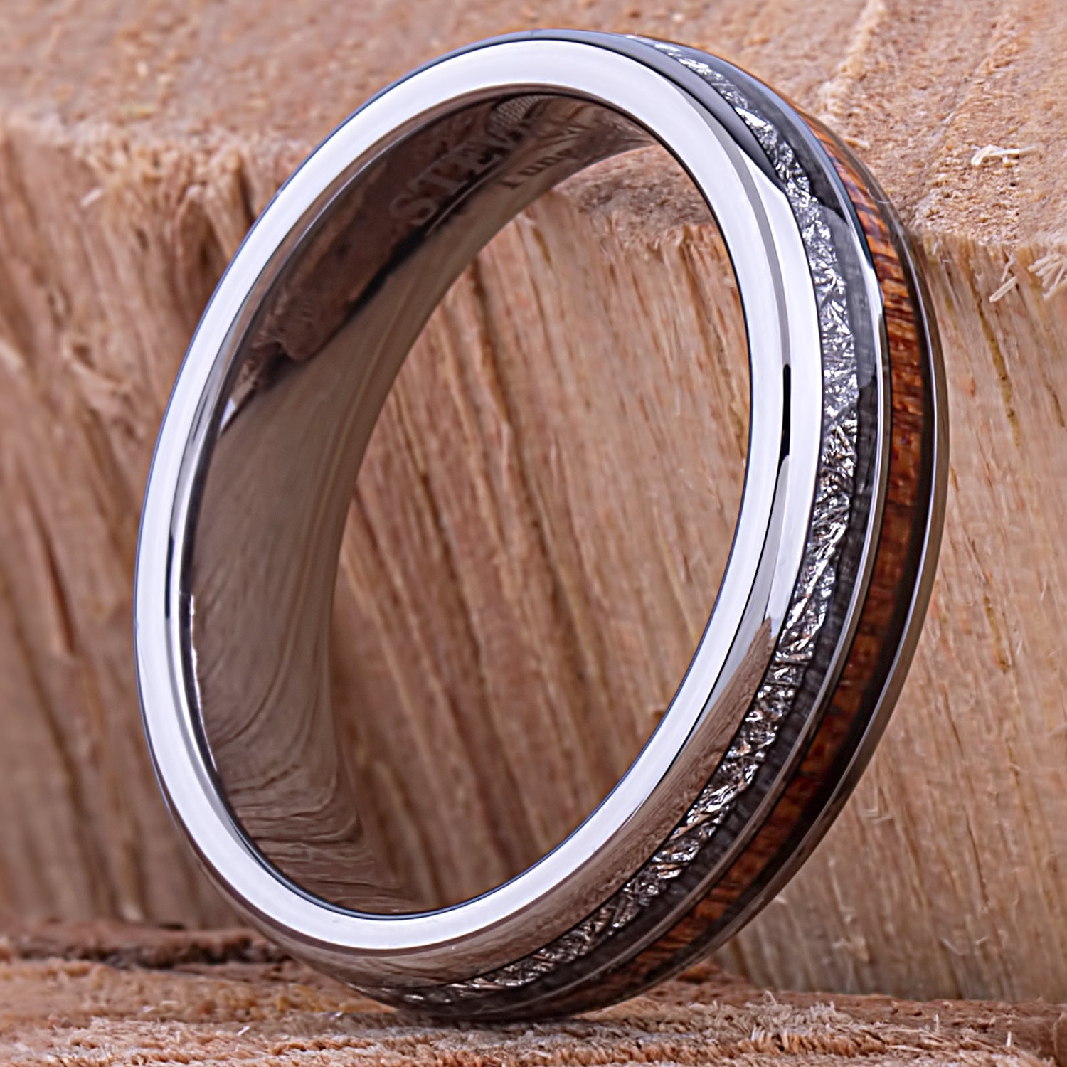 Tungsten with Sapele Wood and Man Made Meteorite 6mm - TCR146 wood & meteorite men’s wedding or engagement band or promise ring