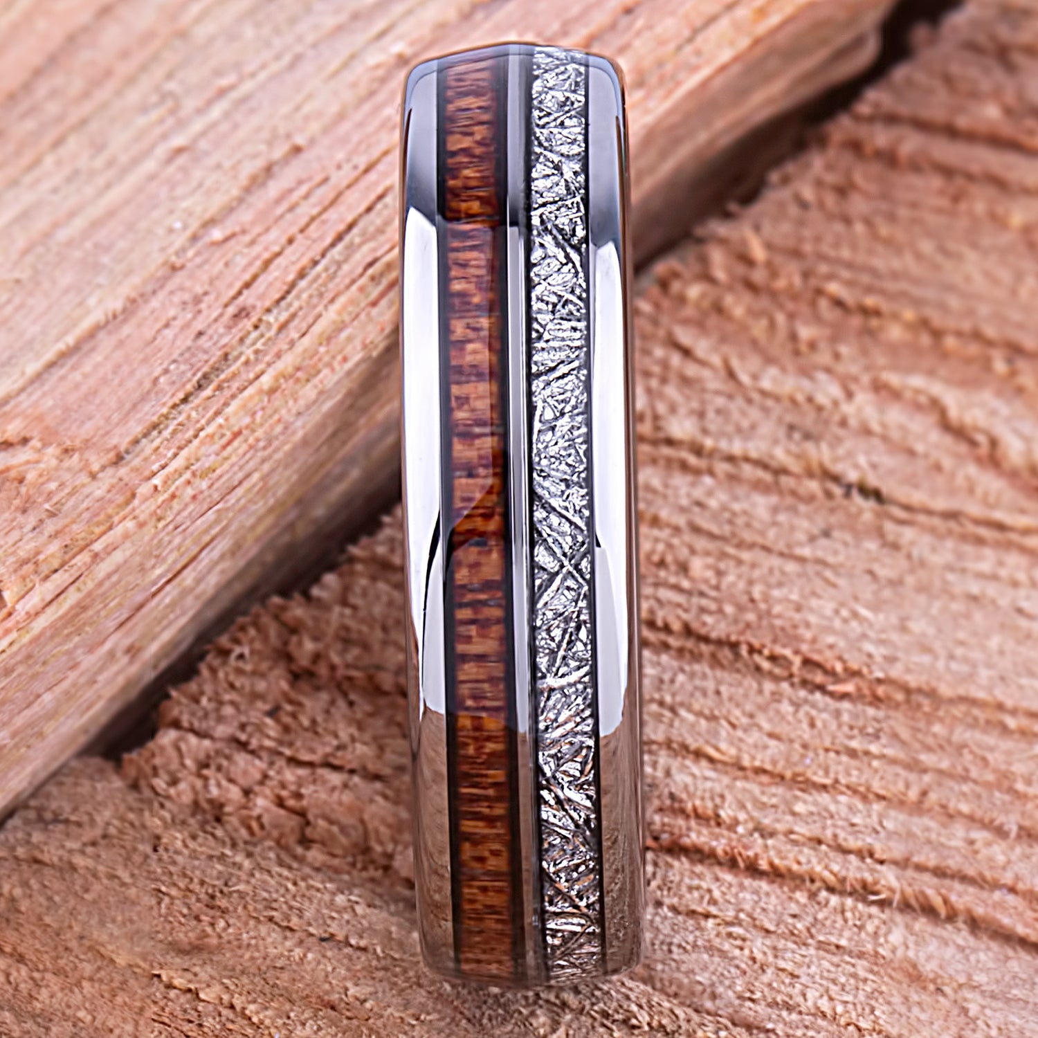 Tungsten with Sapele Wood and Man Made Meteorite 6mm - TCR146 wood & meteorite men’s wedding or engagement band or promise ring