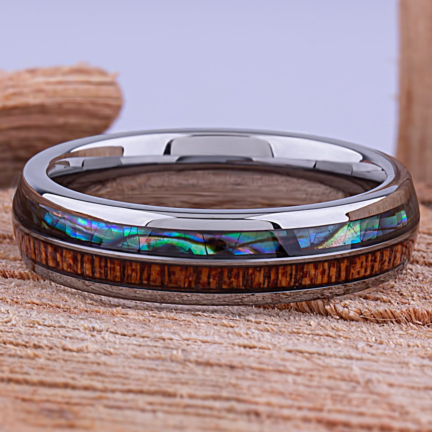 Tungsten Ring with Sapele Wood and Abalone Shell 6mm -  wood & shell men’s wedding or engagement band or anniversary ring