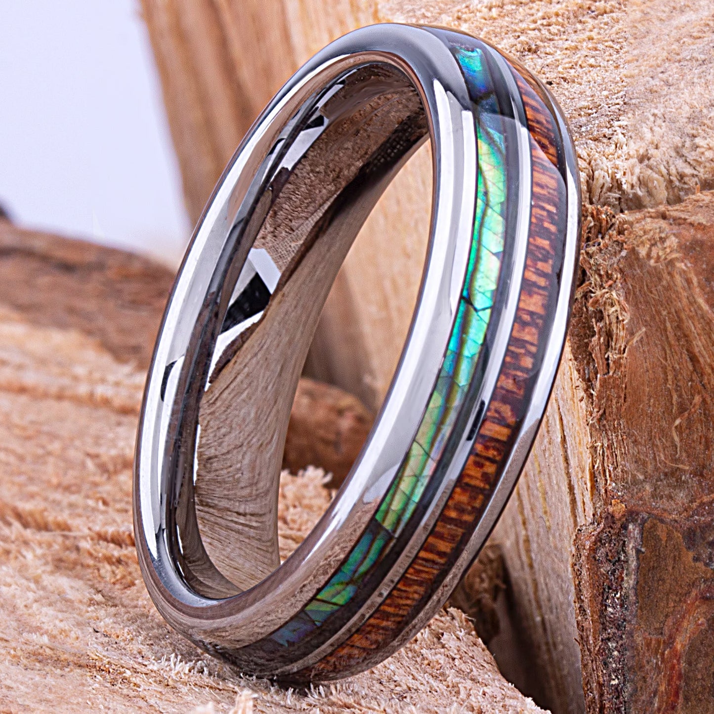 Tungsten Ring with Sapele Wood and Abalone Shell 6mm -  wood & shell men’s wedding or engagement band or anniversary ring