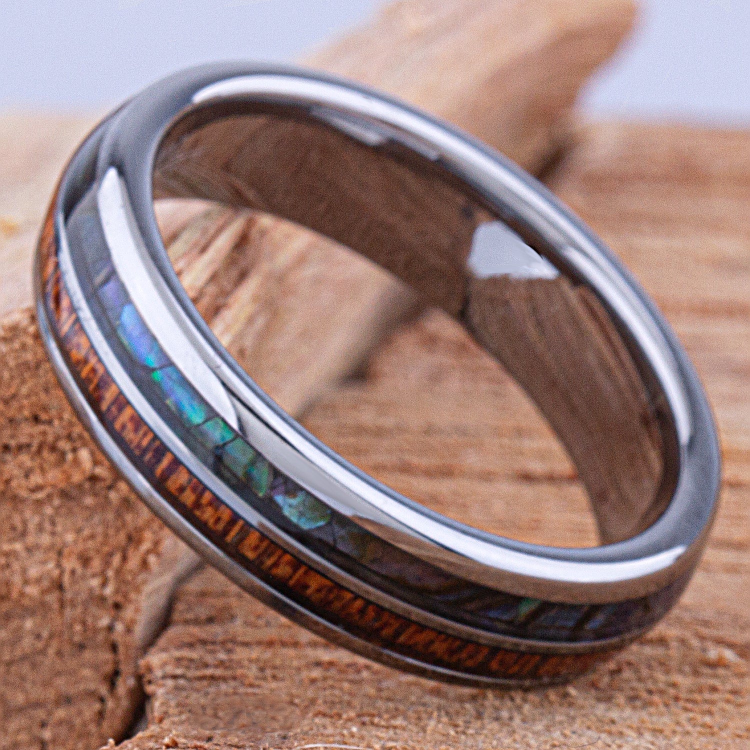 Tungsten Ring with Sapele Wood and Abalone Shell 6mm -  wood & shell men’s wedding or engagement band or anniversary ring