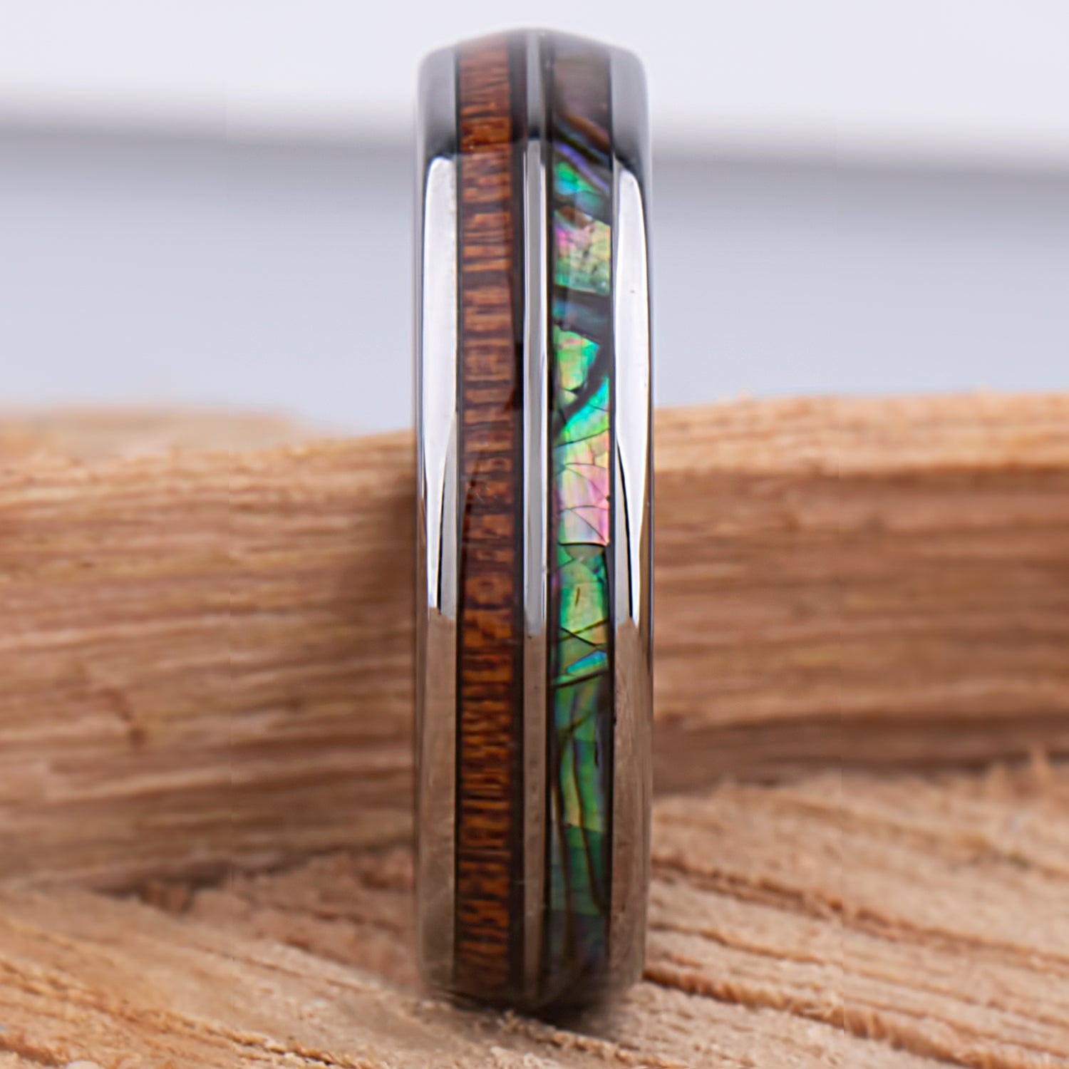 Tungsten Ring with Sapele Wood and Abalone Shell 6mm -  wood & shell men’s wedding or engagement band or anniversary ring