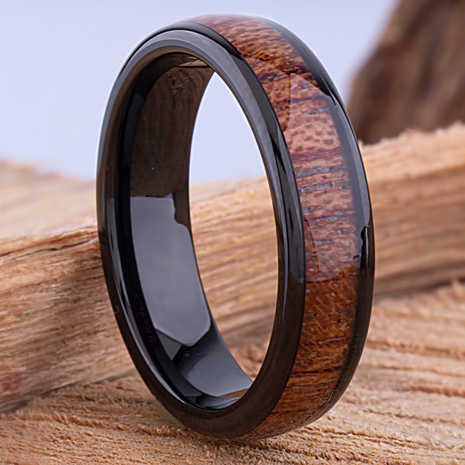 Tungsten Black Ring with Padauk Wood 6mm - black & wood men’s engagement or wedding ring or anniversary band for husband