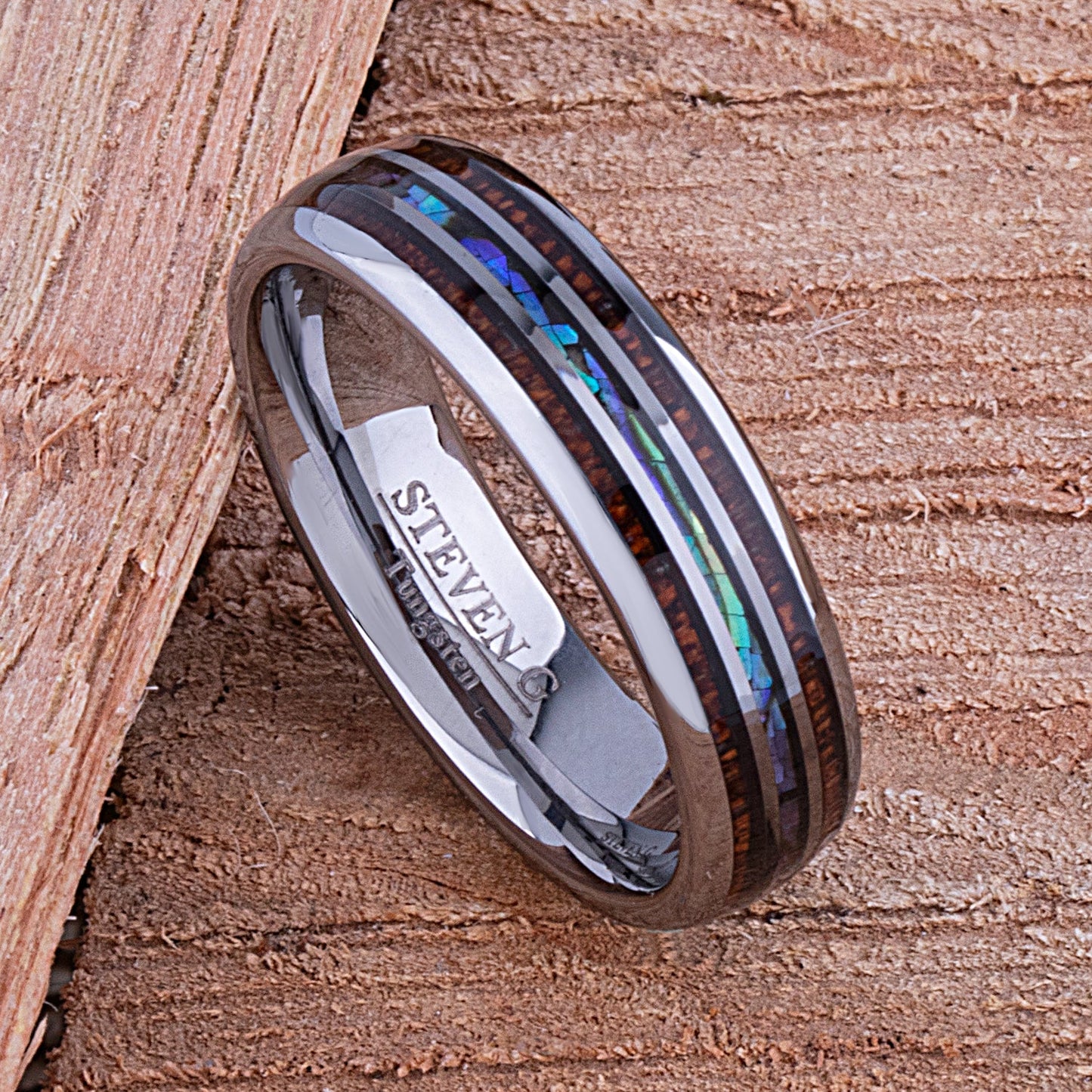 Tungsten Ring with Koa Wood and Abalone Shell 6mm - wood & shell men’s wedding or engagement band or anniversary ring
