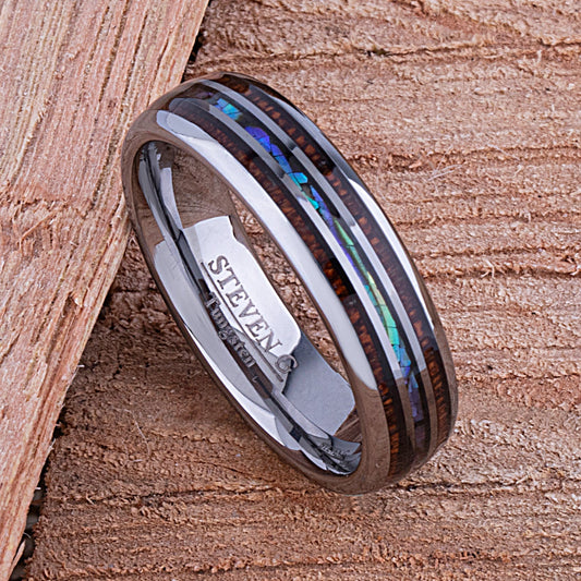 Tungsten Ring with Koa Wood and Abalone Shell 6mm - wood & shell men’s wedding or engagement band or anniversary ring