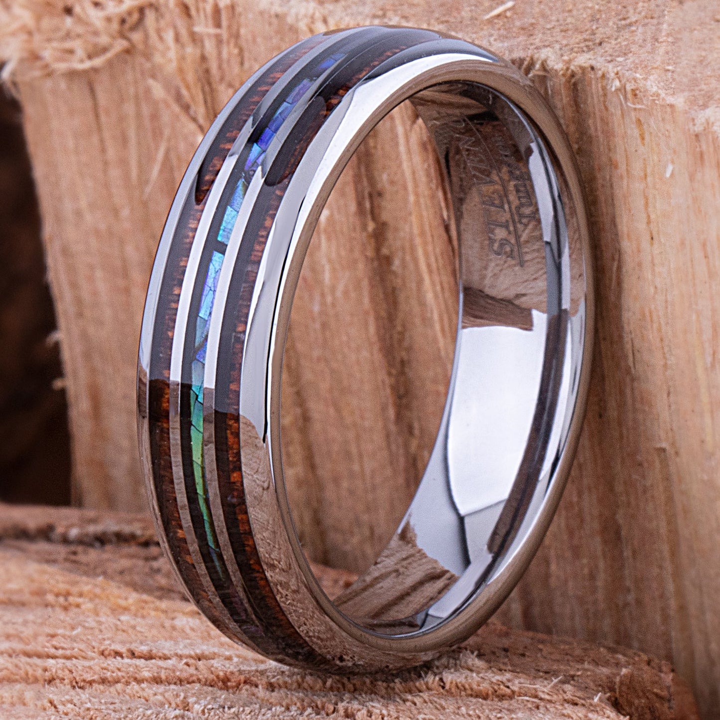Tungsten Ring with Koa Wood and Abalone Shell 6mm - wood & shell men’s wedding or engagement band or anniversary ring