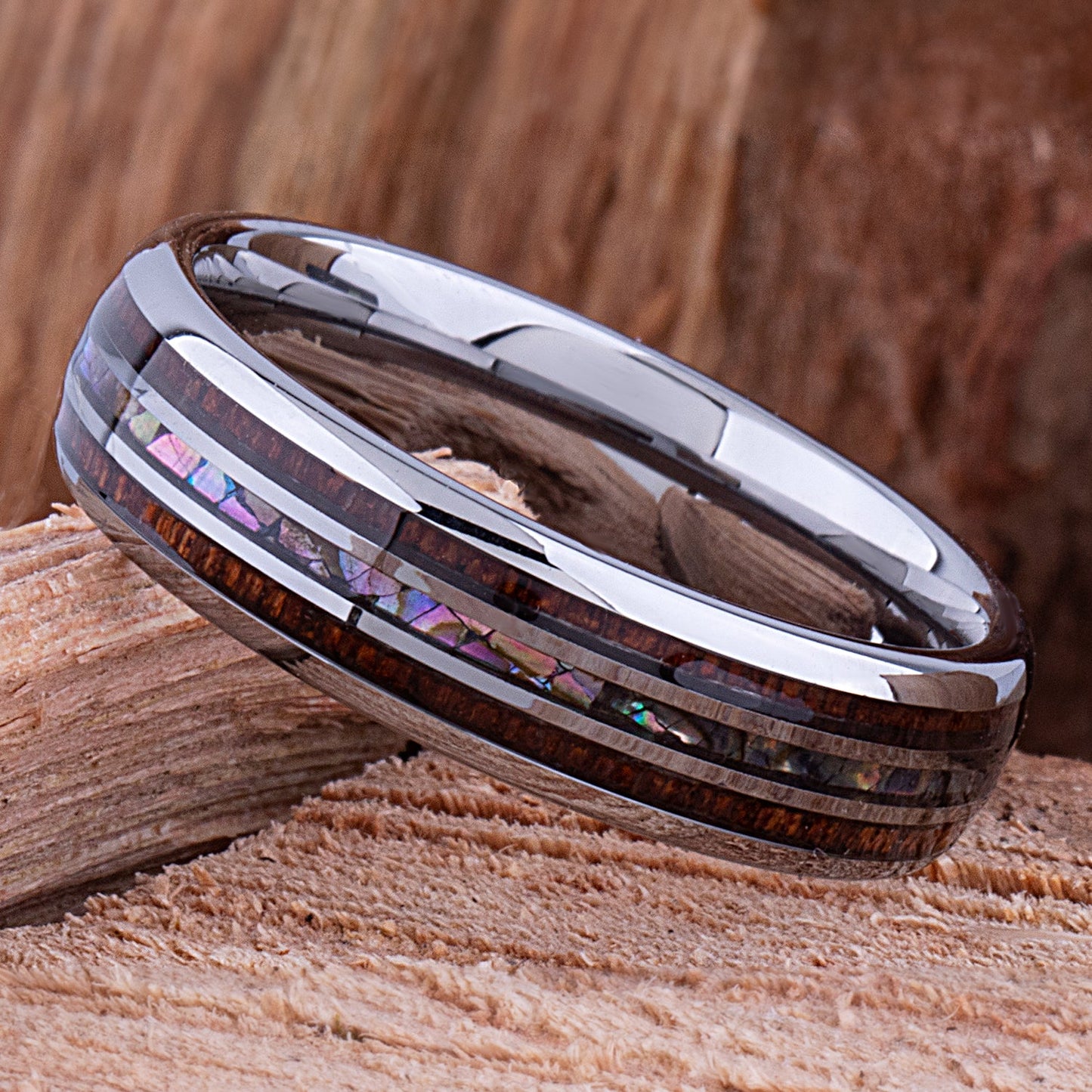 Tungsten Ring with Koa Wood and Abalone Shell 6mm - wood & shell men’s wedding or engagement band or anniversary ring