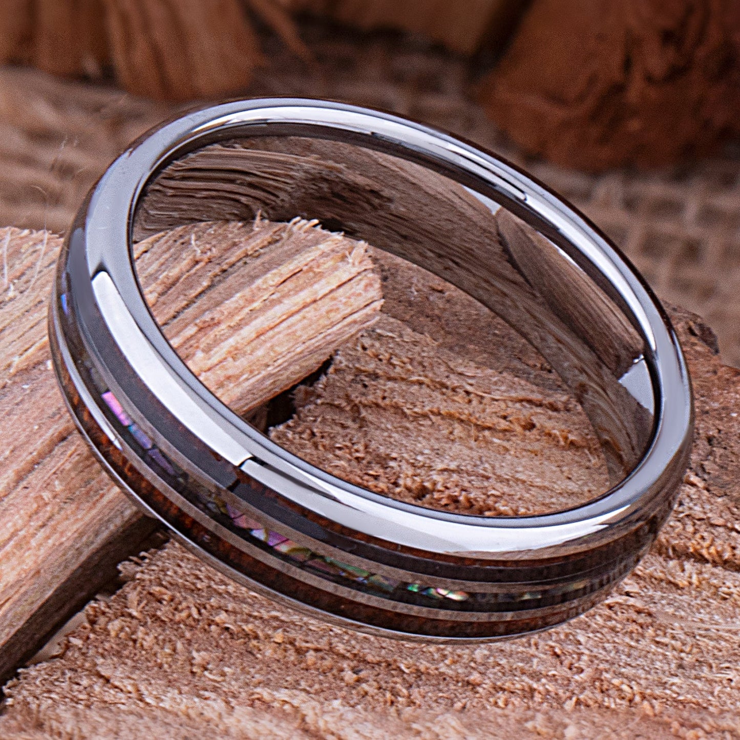 Tungsten Ring with Koa Wood and Abalone Shell 6mm - wood & shell men’s wedding or engagement band or anniversary ring