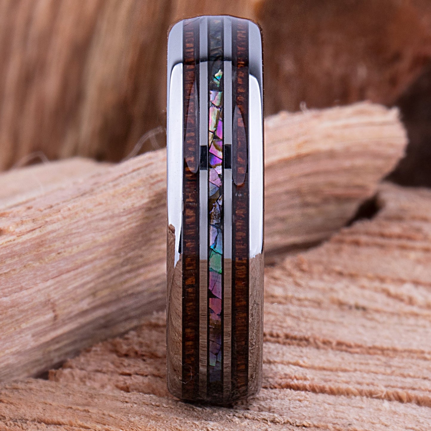 Tungsten Ring with Koa Wood and Abalone Shell 6mm - wood & shell men’s wedding or engagement band or anniversary ring