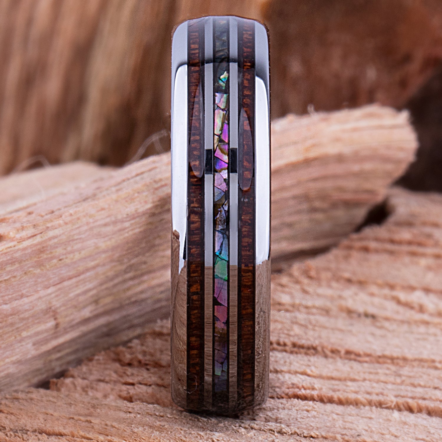 Tungsten Ring with Koa Wood and Abalone Shell 6mm - wood & shell men’s wedding or engagement band or anniversary ring